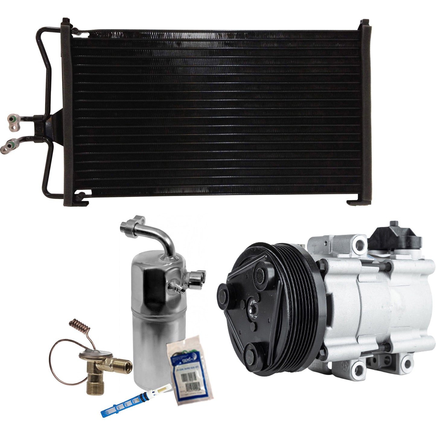 Комплект из 3-х компонентов: компрессор кондиционера, с муфтой, 6-канавочным шкивом, включает в себя (1) компрессор кондиционера, (1) конденсатор кондиционера и (1) комплект для обслуживания кондиционера