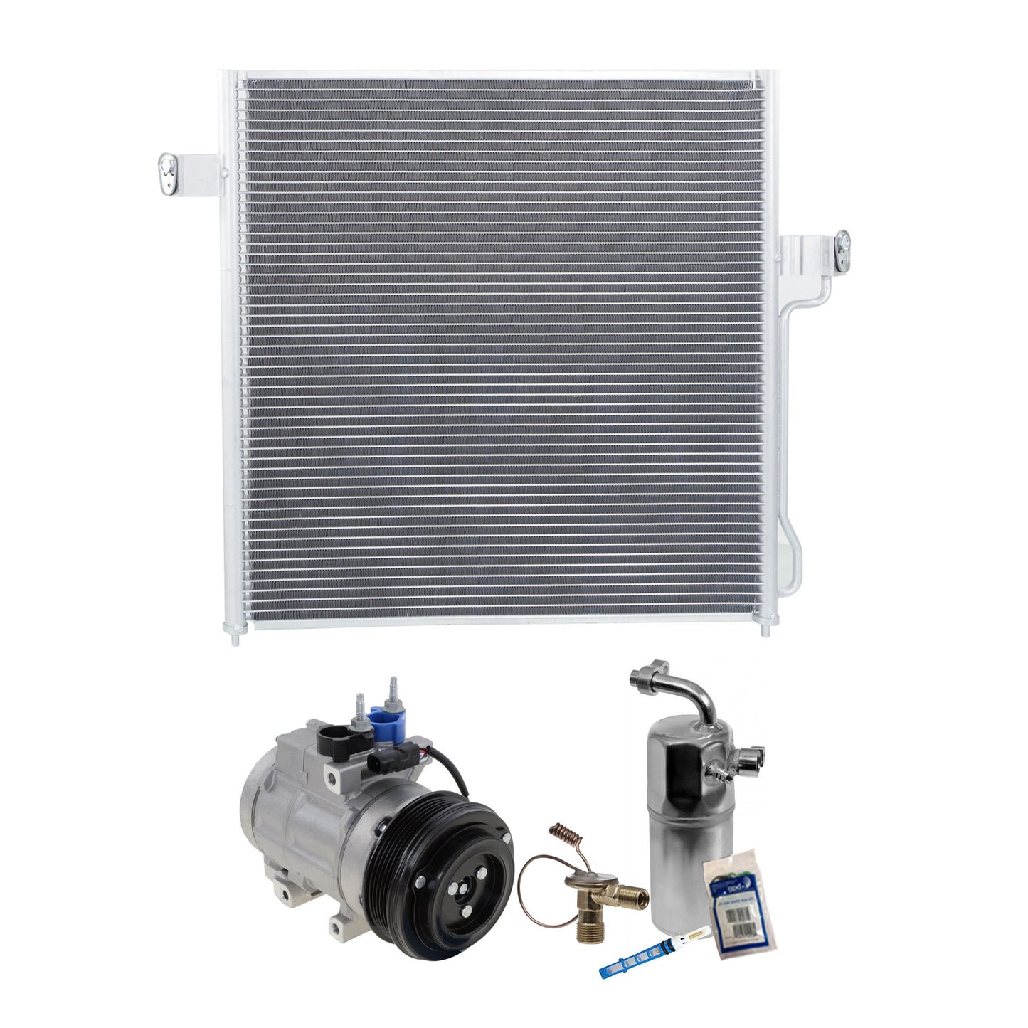 3-Piece Kit A/C Compressor Kit, With Clutch, 6-Groove Pulley, Includes (1) A/C Compressor, (1) A/C Condenser and (1) A/C Service Kit