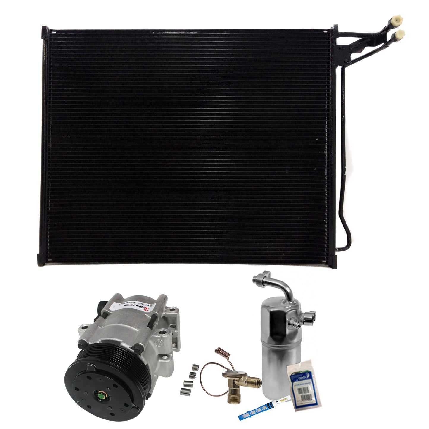 Комплект из 3-х компонентов: компрессор кондиционера, с муфтой, шкивом с 8 канавками, включает в себя (1) компрессор кондиционера, (1) конденсатор кондиционера и (1) комплект для обслуживания кондиционера