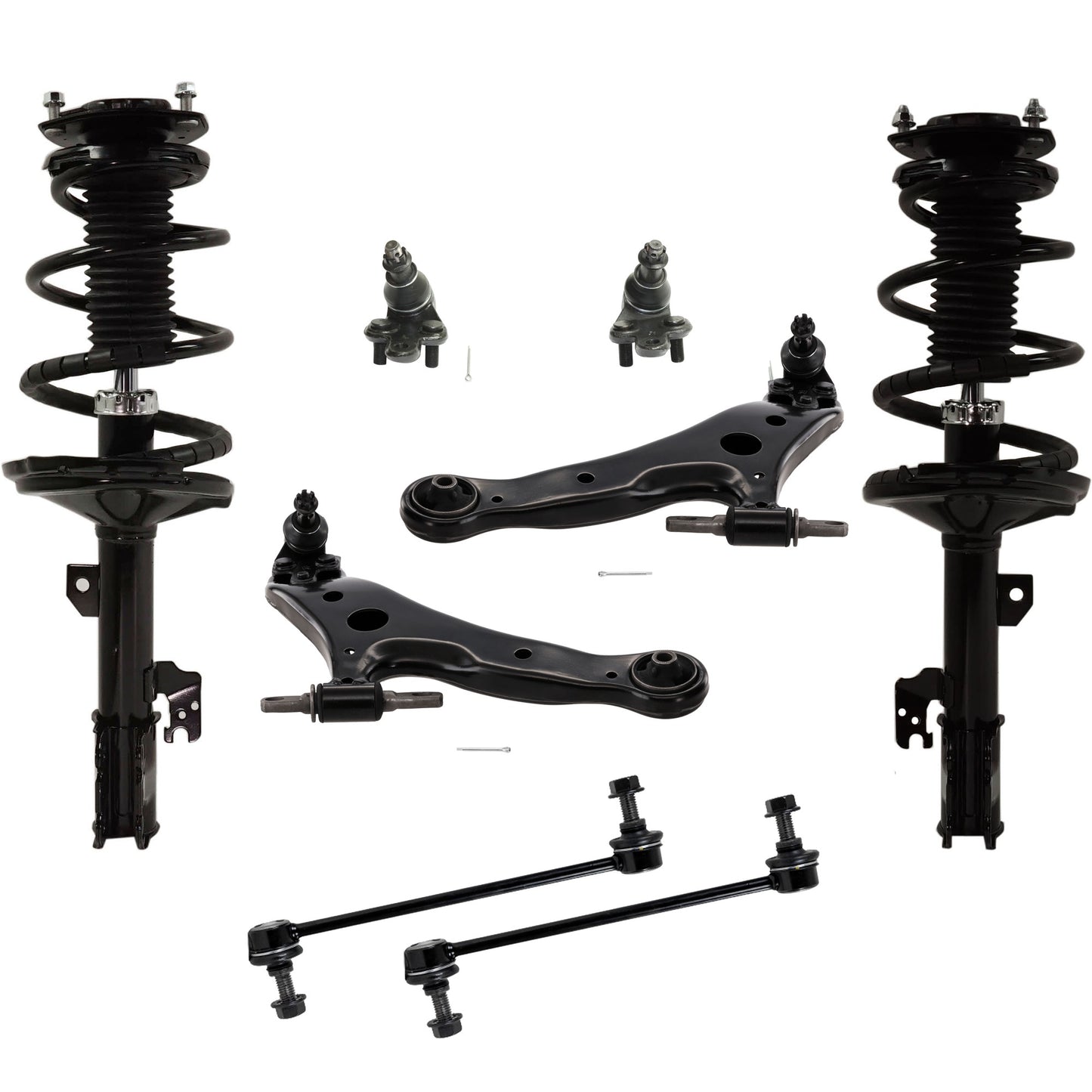 8-Piece Kit Front, Driver and Passenger Side Fully Loaded Strut, Includes (2) Control Arm, (2) Ball Joint, (2) Sway Bar Link and (2) Shock Absorber and Strut Assembly