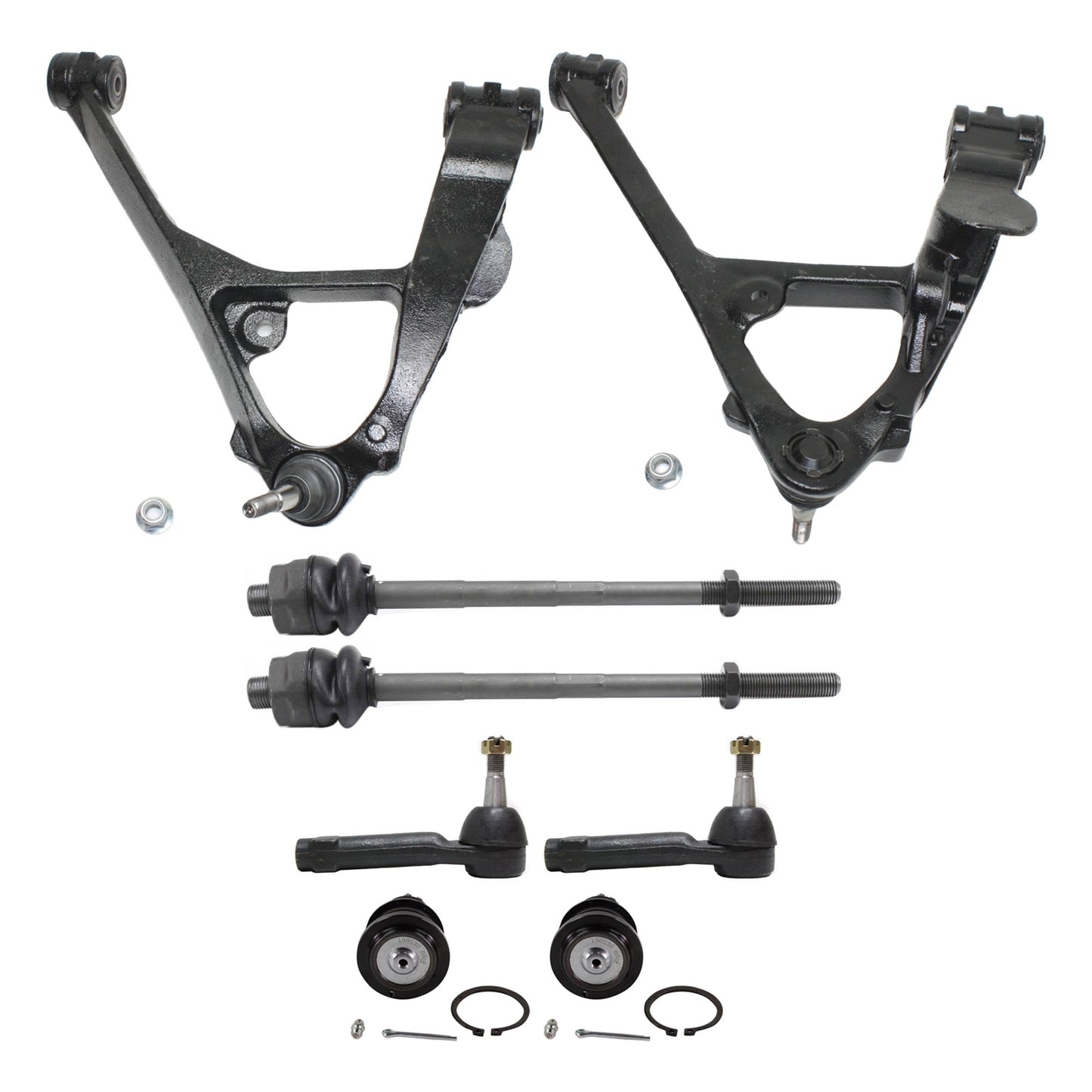 8-Piece Kit Front, Driver and Passenger Side, Upper and Lower, Inner and Outer Control Arm, Includes (2) Control Arm, (4) Tie Rod End and (2) Ball Joint