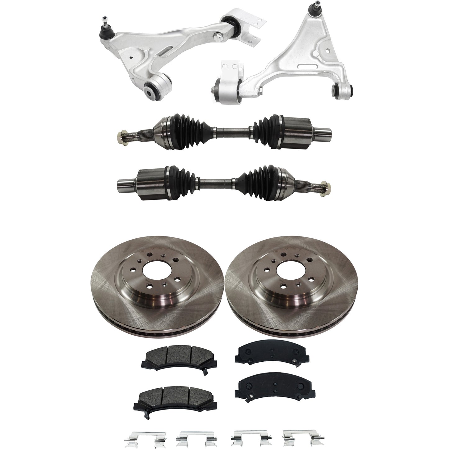 7-Piece Kit Front, Driver and Passenger Side, Lower Control Arm Kit, Includes (2) Brake Disc, (1) Brake Pad Set, (2) Control Arm and (2) Axle Assembly