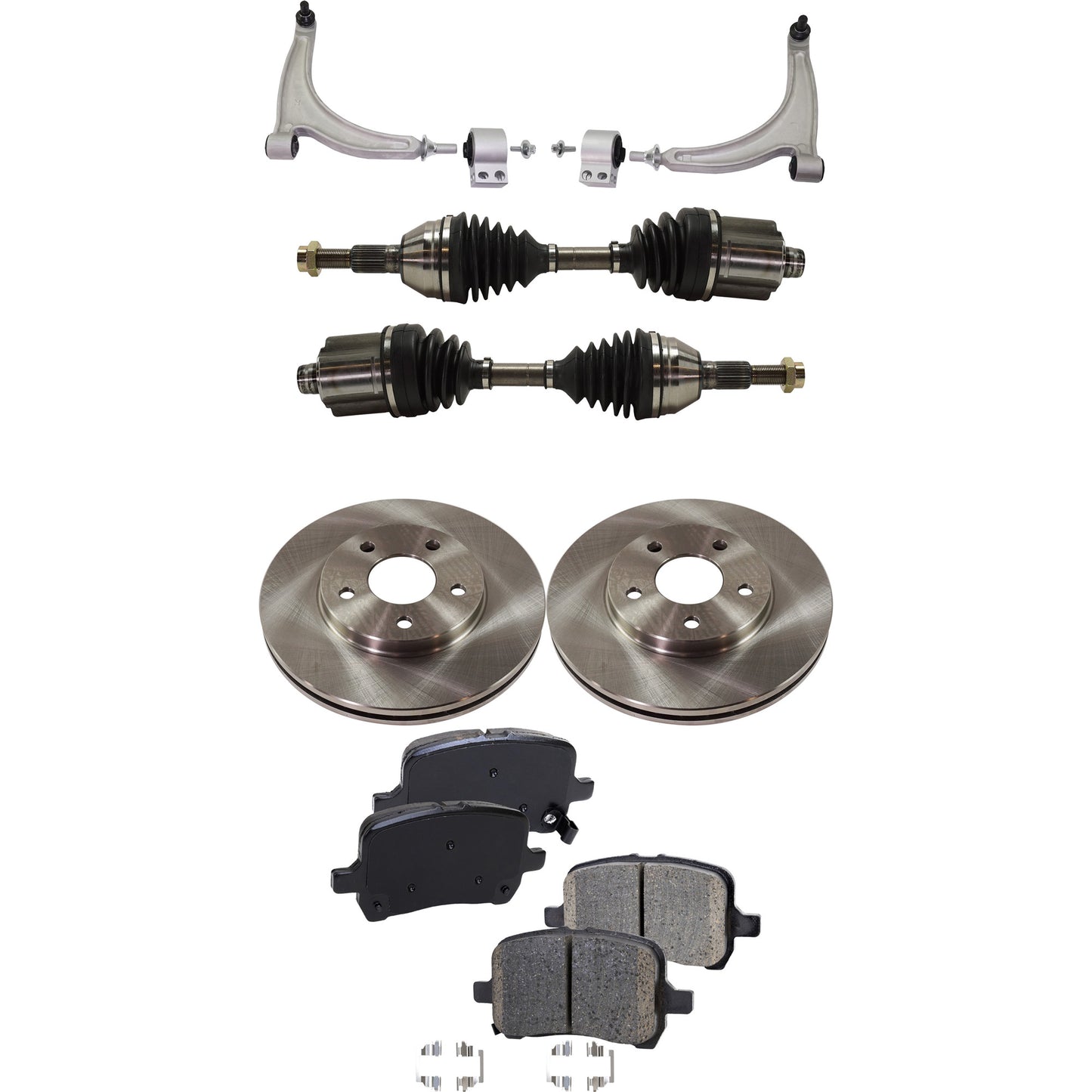 7-Piece Kit Front, Driver and Passenger Side, Lower Control Arm Kit, Includes (1) Brake Pad Set, (2) Control Arm, (2) Axle Assembly and (2) Brake Disc