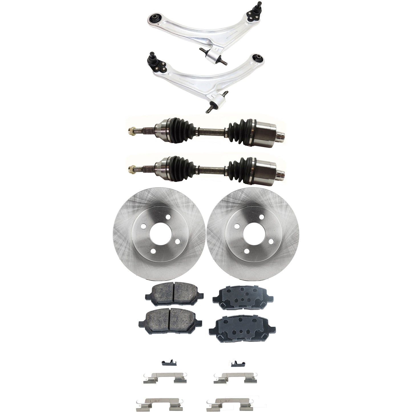7-Piece Kit Front, Driver and Passenger Side, Lower Control Arm Kit, Includes (1) Brake Pad Set, (2) Control Arm, (2) Axle Assembly and (2) Brake Disc