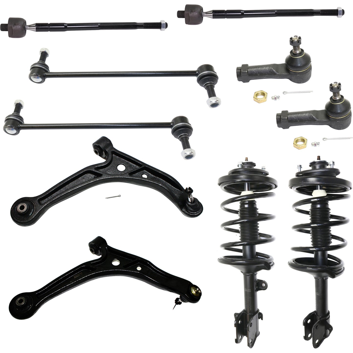 10-Piece Kit Front, Driver and Passenger Side Suspension Kit, Includes (2) Control Arm, (4) Tie Rod End, (2) Sway Bar Link and (2) Shock Absorber and Strut Assembly