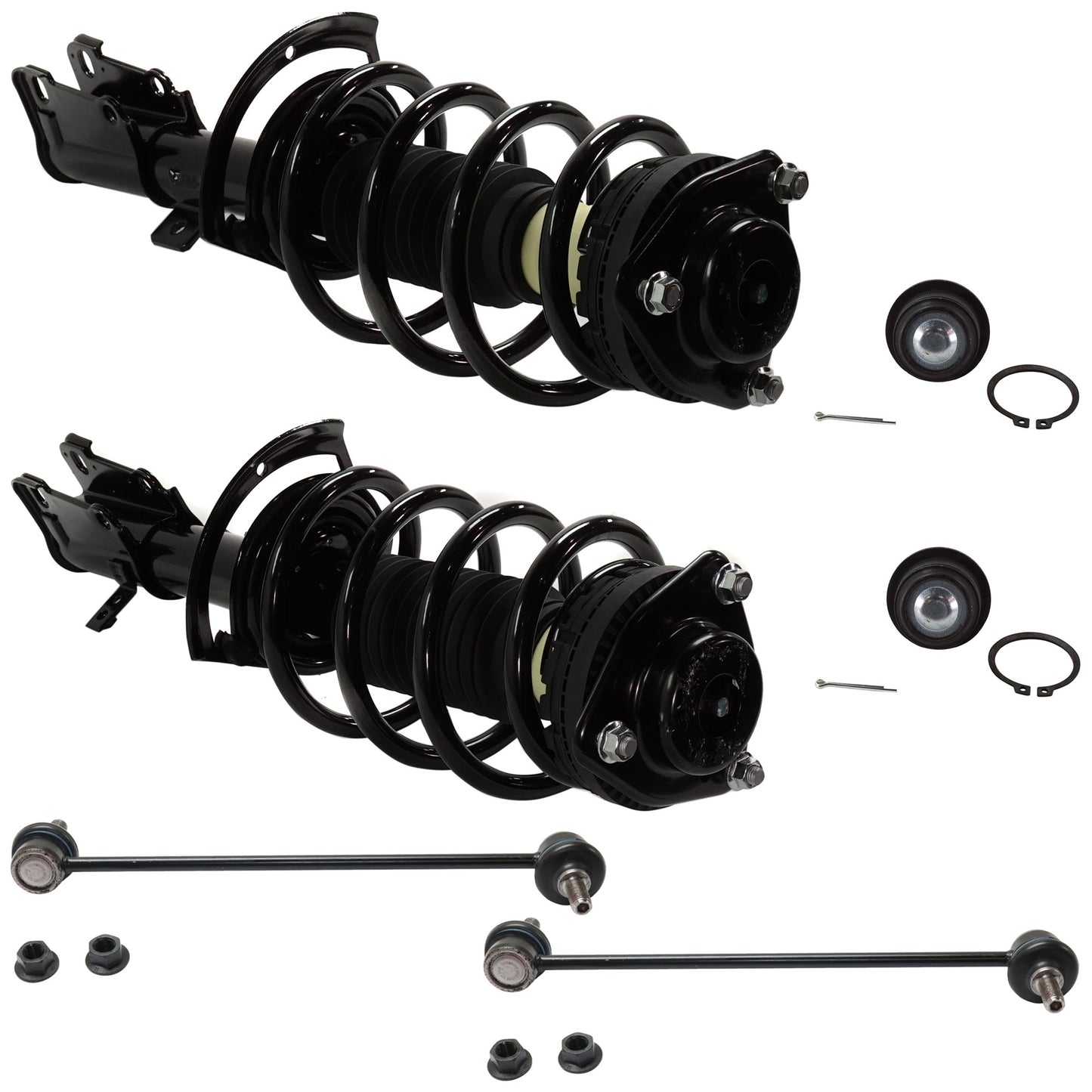 6-Piece Kit Front, Driver and Passenger Side Fully Loaded Strut, Includes (2) Ball Joint, (2) Sway Bar Link and (2) Shock Absorber and Strut Assembly