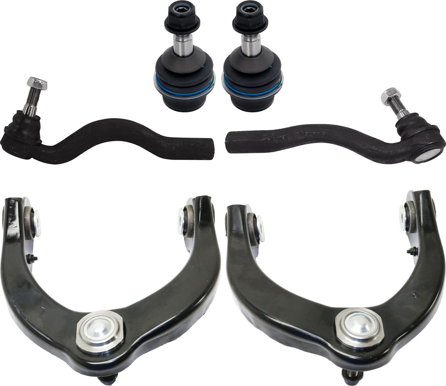 6-Piece Kit Front, Driver and Passenger Side, Upper Control Arm, includes (2) Ball Joint, (2) Control Arm, and (2) Tie Rod End