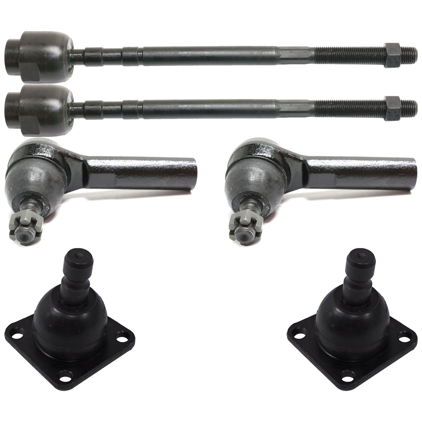 6-Piece Kit Front, Driver and Passenger Side, Lower Ball Joint, includes (2) Ball Joint and (4) Tie Rod End