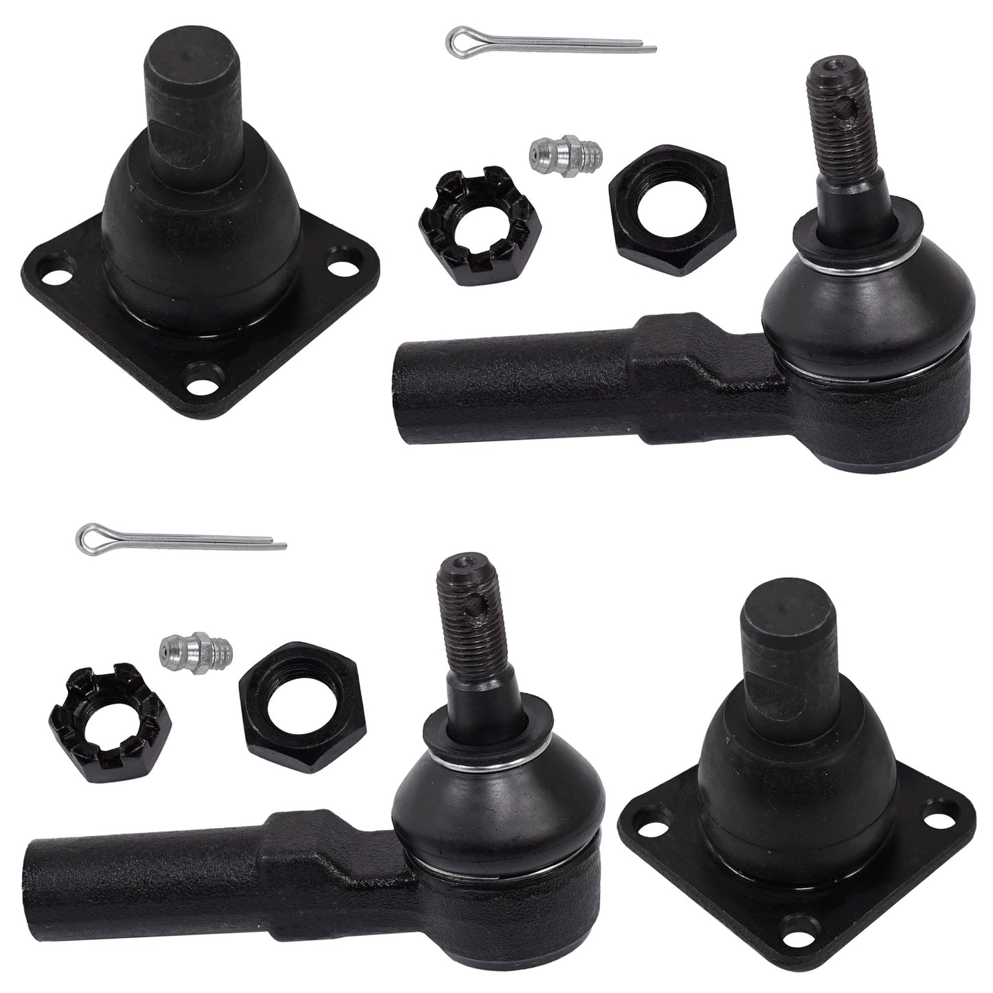 4-Piece Kit Front, Driver and Passenger Side, Lower Ball Joint, includes (2) Ball Joint and (2) Tie Rod End