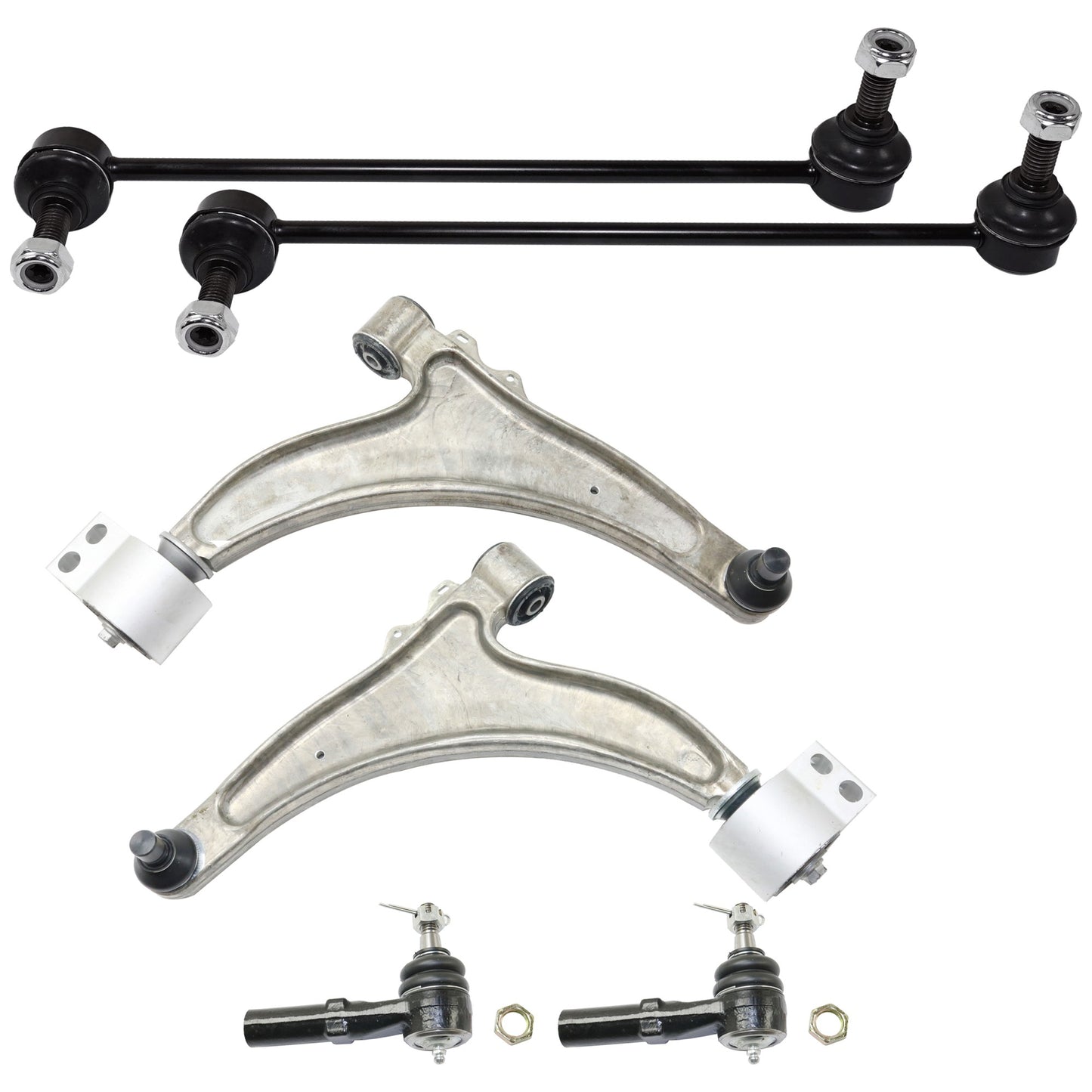 6-Piece Kit Front, Driver and Passenger Side, Lower Control Arm, includes (2) Control Arm, (2) Sway Bar Link, and (2) Tie Rod End