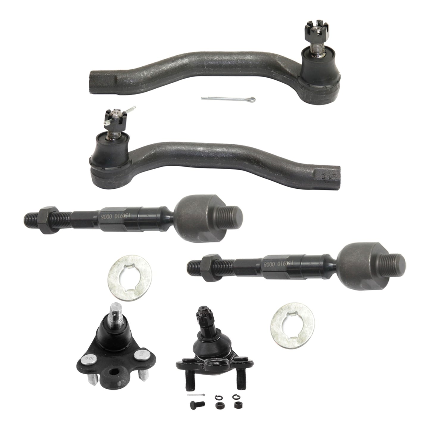 6-Piece Kit Front, Driver and Passenger Side, Lower Ball Joint, includes (2) Ball Joint and (4) Tie Rod End