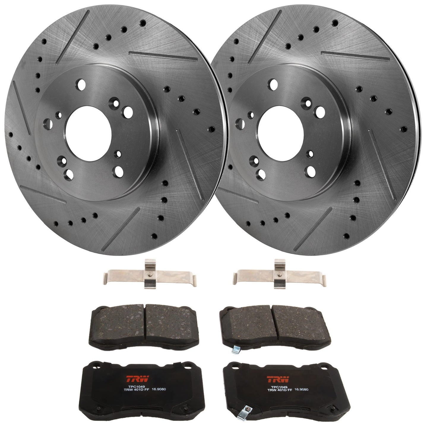 KIT-062924-35 2-Wheel Set Front Brake Disc and Pad Kit, Cross-drilled and Slotted 5 Lugs 299.97 mm Semi-metallic, Includes (1) Brake Pad Set and (2) Brake Disc
