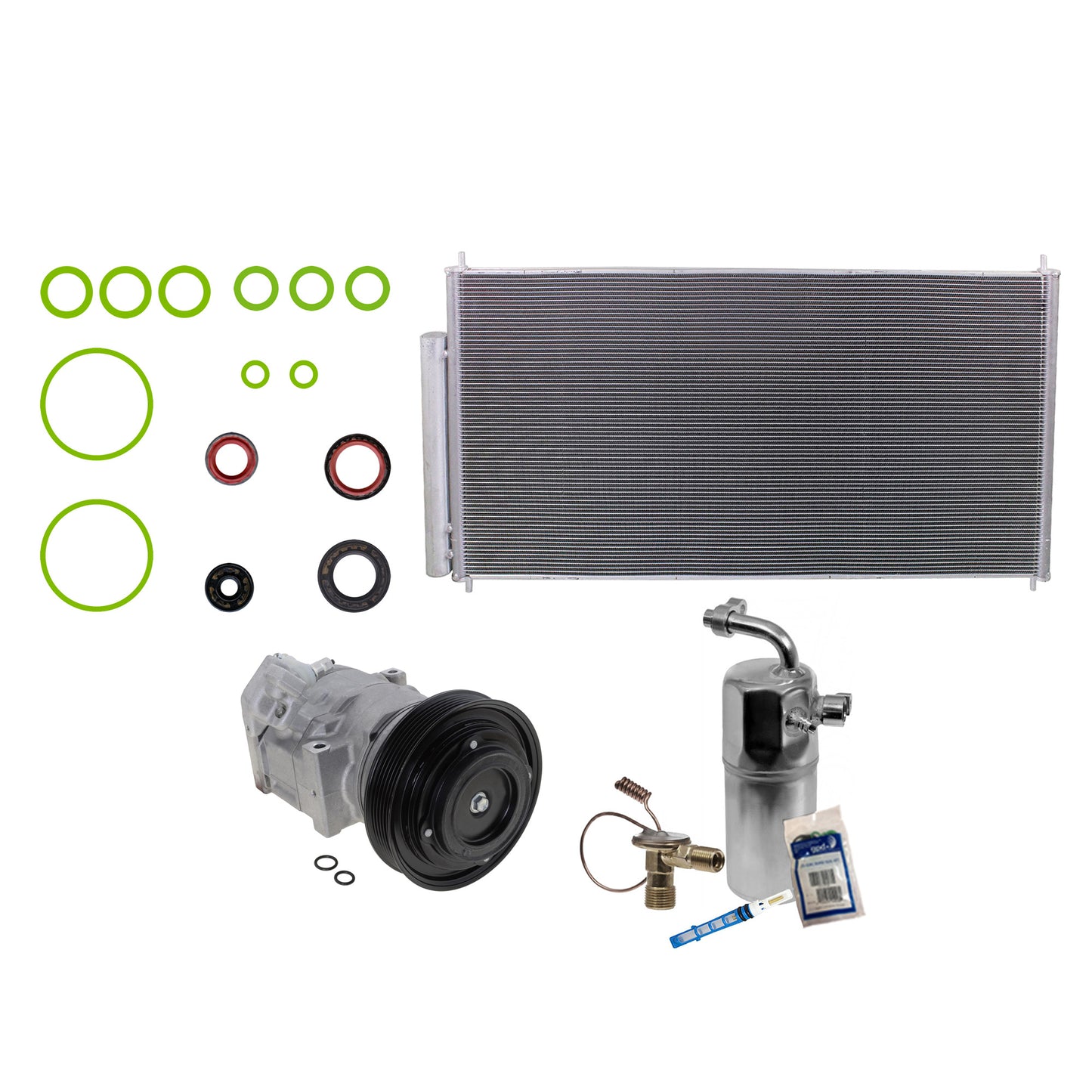 Комплект из 3-х компонентов: компрессор кондиционера, с муфтой, 6-канавочным шкивом, включает в себя (1) конденсатор кондиционера, (1) комплект для обслуживания кондиционера и (1) компрессор кондиционера