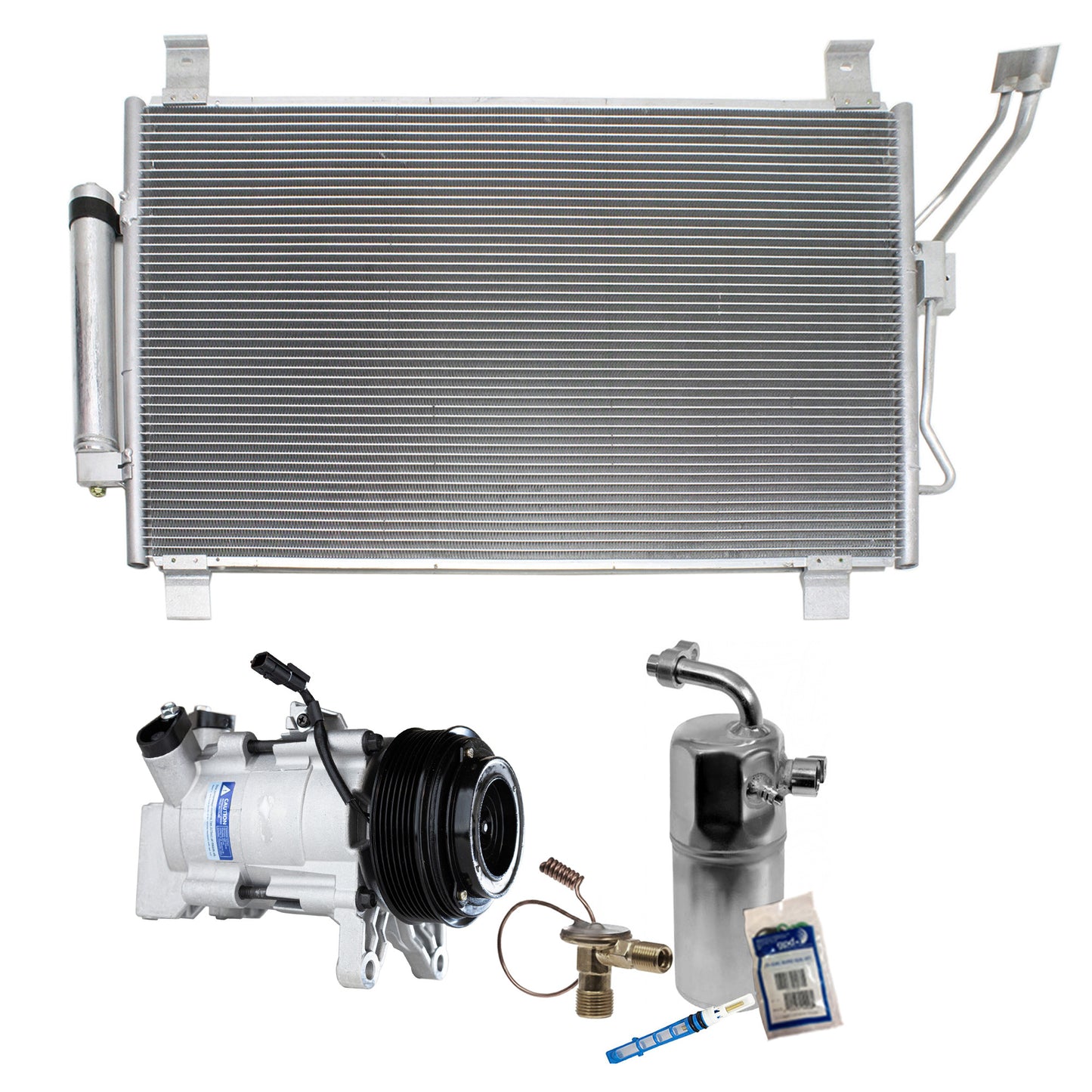 Комплект из 3-х компонентов: компрессор кондиционера, с муфтой, шкивом с 7 канавками, включает в себя (1) компрессор кондиционера, (1) конденсатор кондиционера и (1) комплект для обслуживания кондиционера