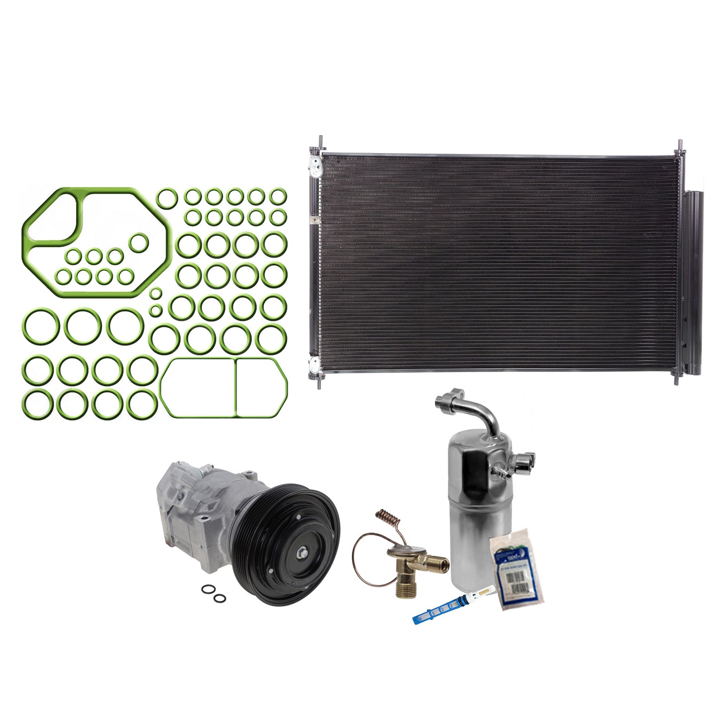 Комплект из 3-х компонентов: компрессор кондиционера, с муфтой, 6-канавочным шкивом, включает в себя (1) конденсатор кондиционера, (1) комплект для обслуживания кондиционера и (1) компрессор кондиционера