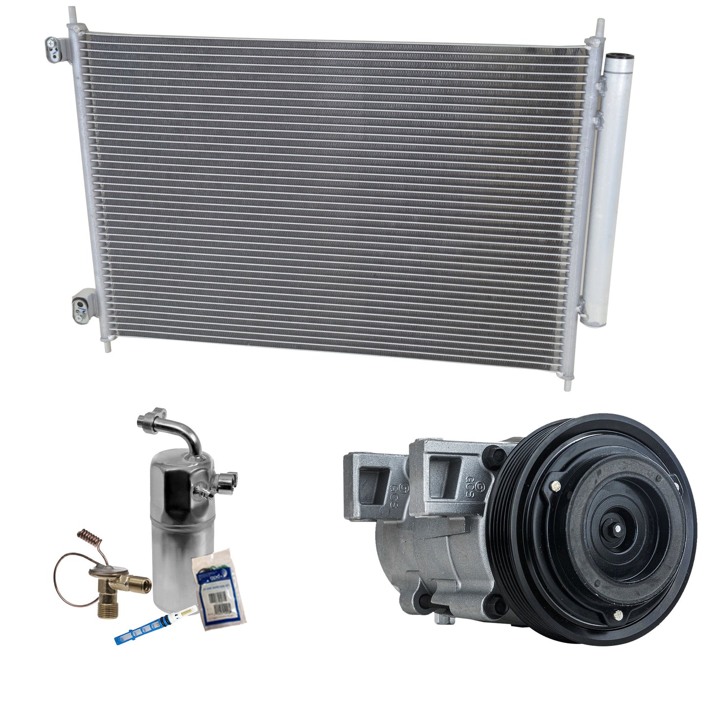 Комплект из 3-х компонентов: компрессор кондиционера, с муфтой, 6-канавочным шкивом, включает в себя (1) компрессор кондиционера, (1) конденсатор кондиционера и (1) комплект для обслуживания кондиционера