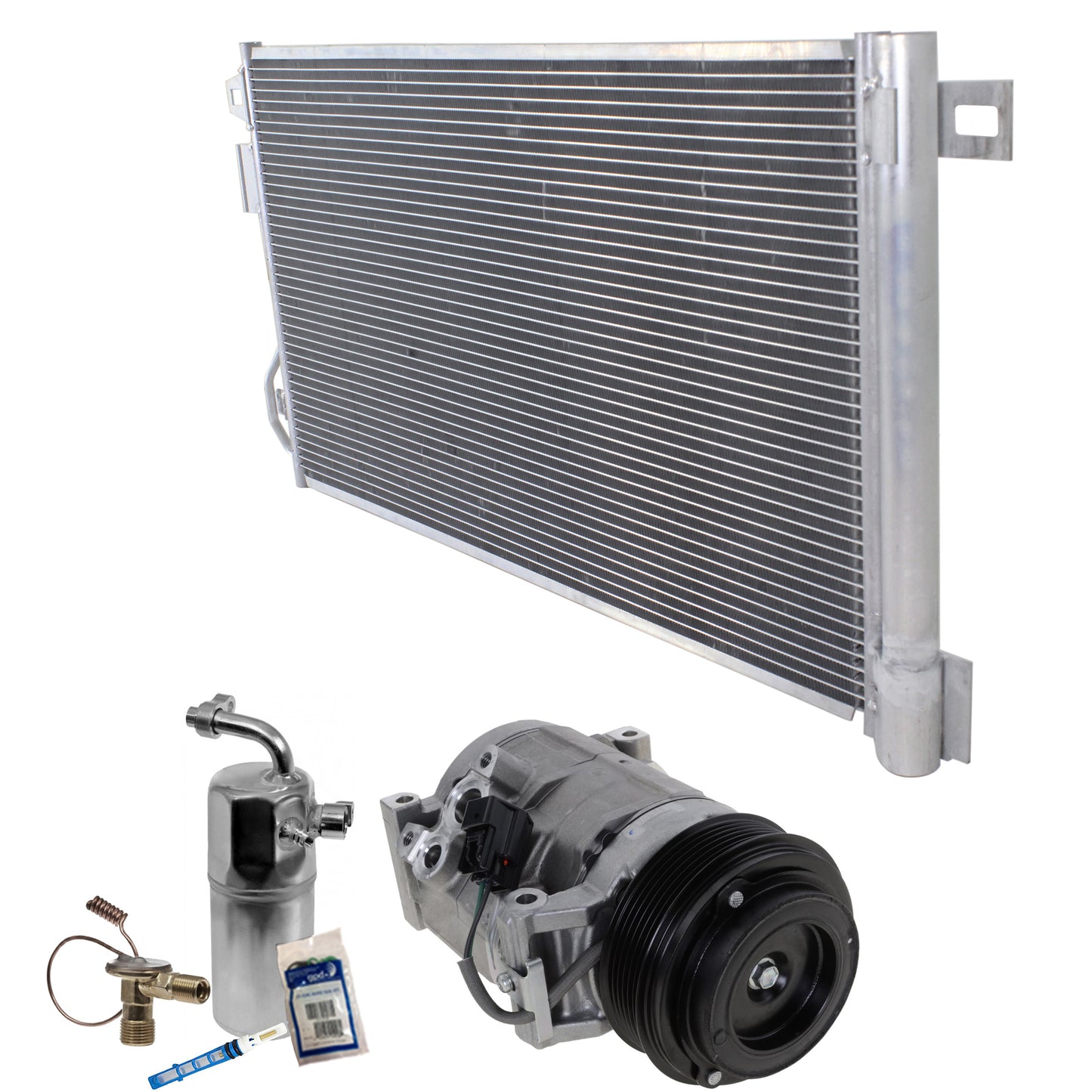 Комплект из 3-х компонентов: компрессор кондиционера, с муфтой, 6-канавочным шкивом, включает в себя (1) компрессор кондиционера, (1) конденсатор кондиционера и (1) комплект для обслуживания кондиционера