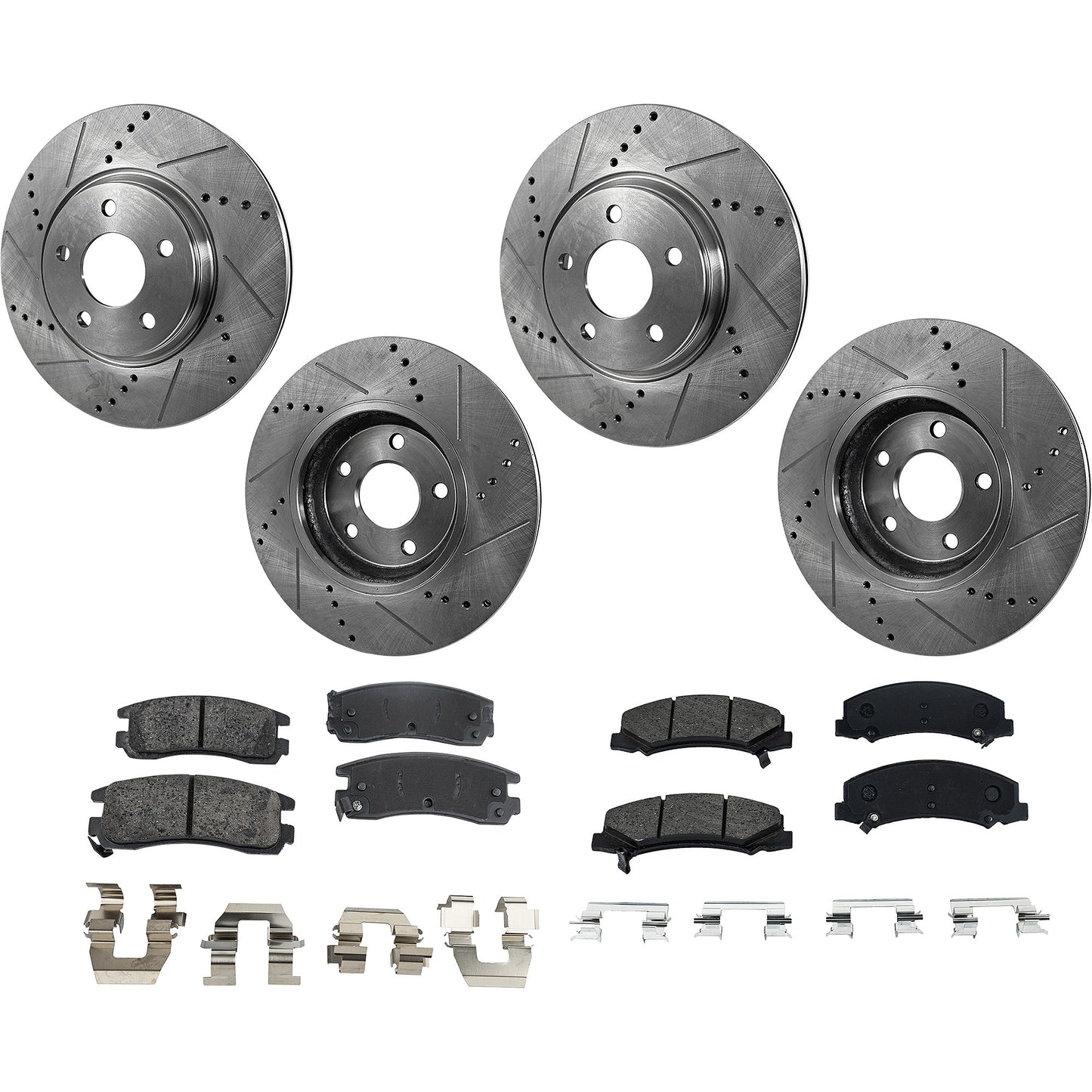 4-Wheel Set Front and Rear Brake Disc and Pad Kit, Cross-drilled and Slotted 5 Lugs Ceramic Pro-Line Series, includes (4) Brake Disc and (2) Brake Pad Set