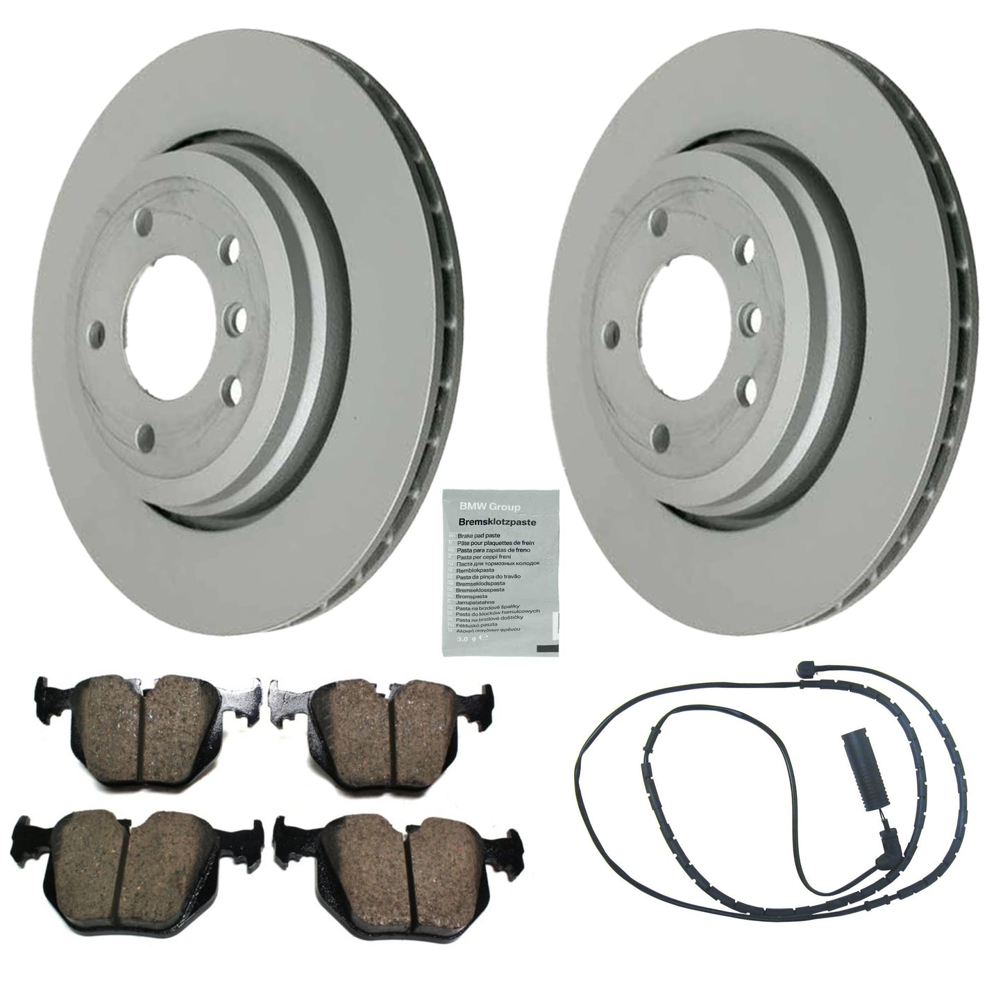 KIT-070224-442 Комплект из 2 задних тормозных дисков и колодок, 320 мм, включает в себя (1) комплект тормозных колодок, (1) антискрипную пасту для тормозов, (1) датчик тормозных колодок и (2) тормозных диска