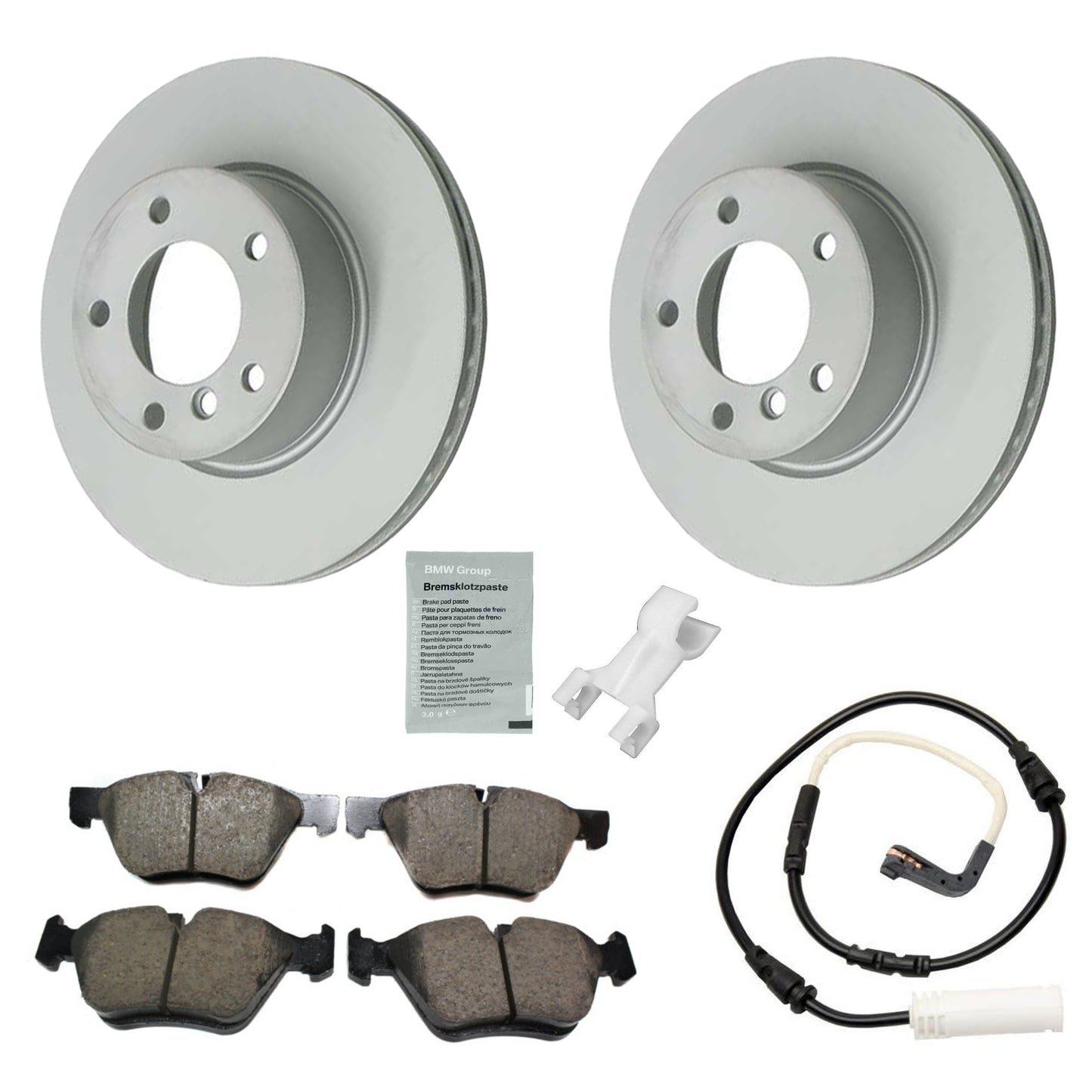 KIT-070224-477 Комплект из 2 передних тормозных дисков и колодок, 300 мм, включает в себя (1) комплект тормозных колодок, (2) датчика тормозных колодок, (1) антискрипную пасту для тормозов и (2) тормозных диска