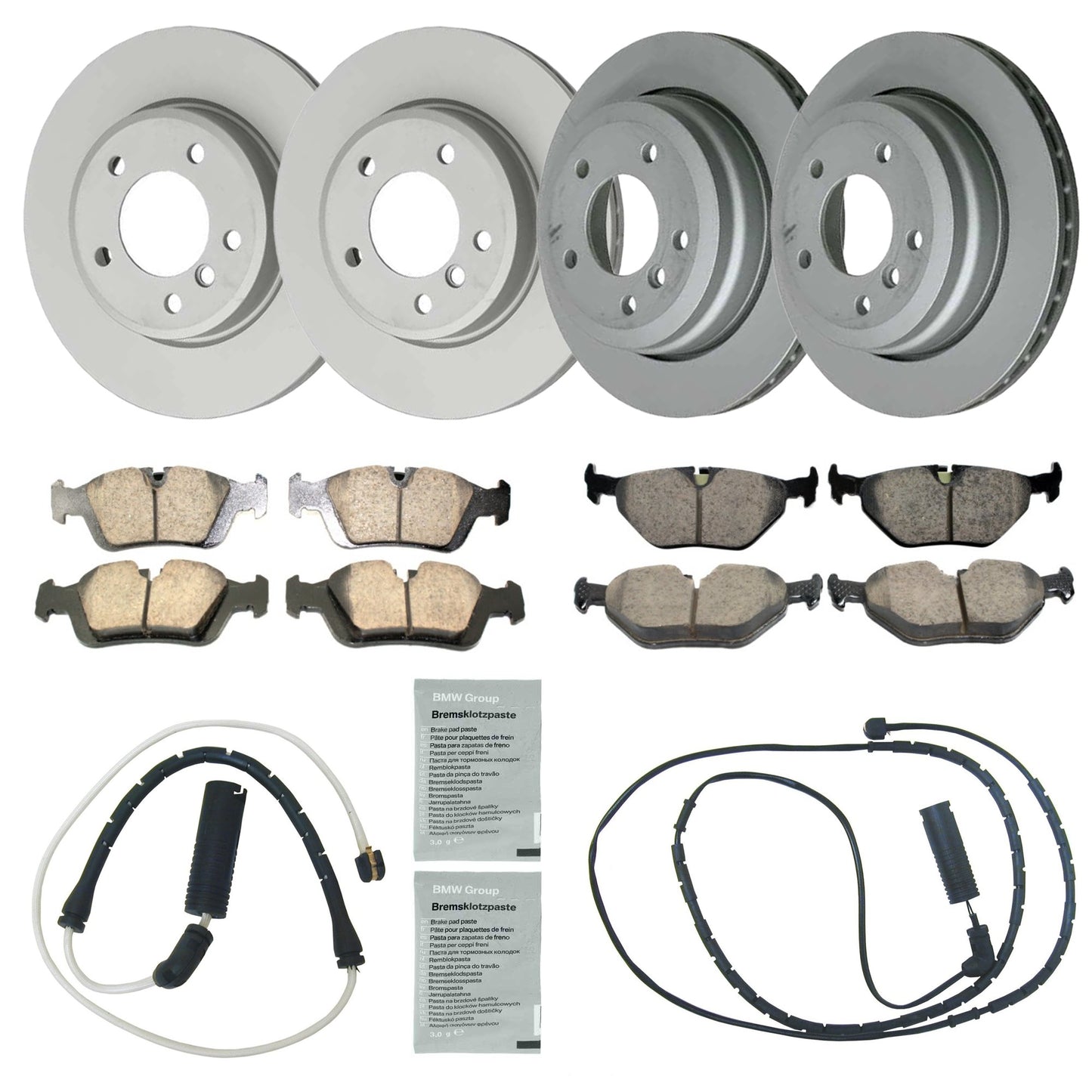 KIT-070224-487 Комплект тормозных дисков и колодок на 4 колеса, передние - 300 мм / задние - 294 мм, включает в себя (2) комплекта тормозных колодок, (2) антискрипную пасту для тормозов, (2) датчик тормозных колодок и (4) тормозных диска