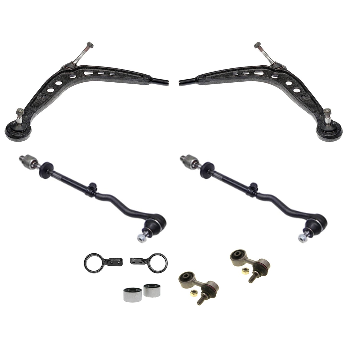 KIT-070224-590 9-Piece Kit Front, Driver and Passenger Side Control Arm, Genuine BMW, Includes (2) Control Arm Bracket, (2) Control Arm, (2) Sway Bar Link, (1) Control Arm Bushing and (2) Tie Rod Assembly