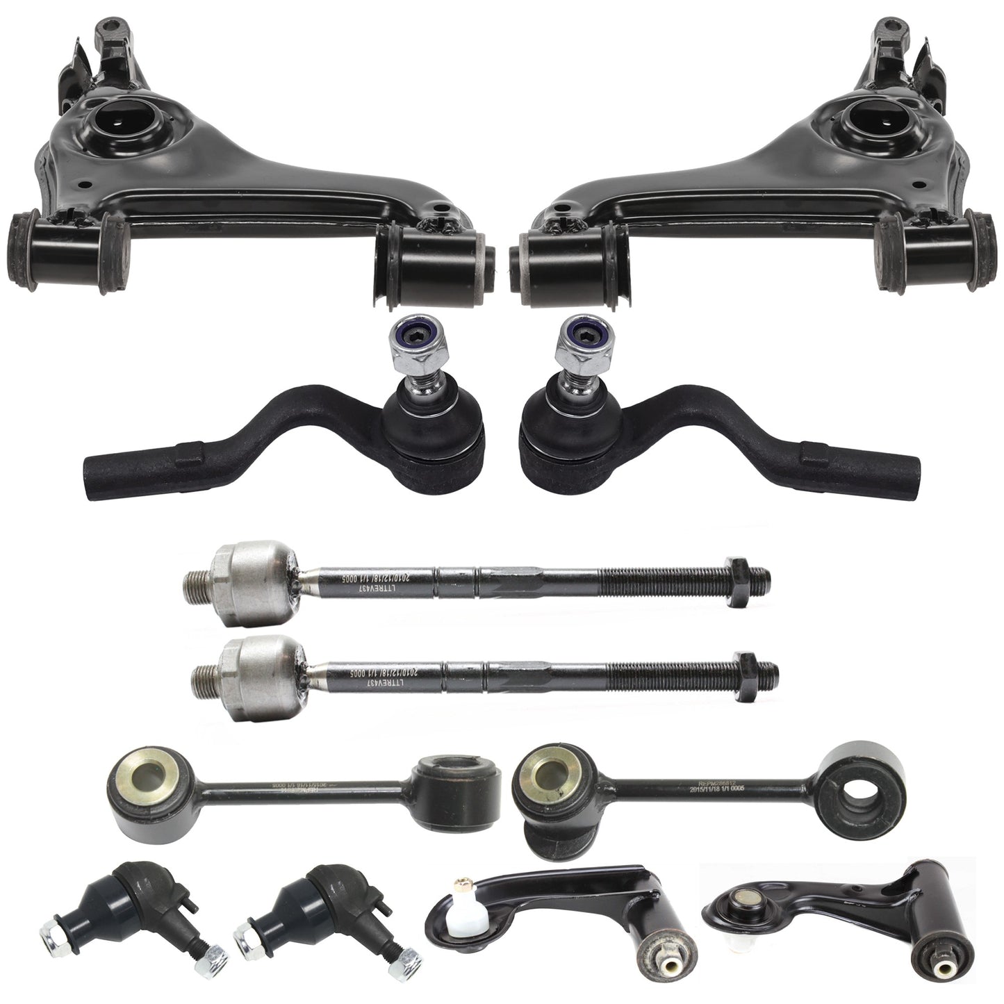 12-Piece Kit Front, Driver and Passenger Side, Inner and Outer, Upper and Lower Control Arm, includes (2) Ball Joint, (4) Control Arm, (2) Sway Bar Link, and (4) Tie Rod End