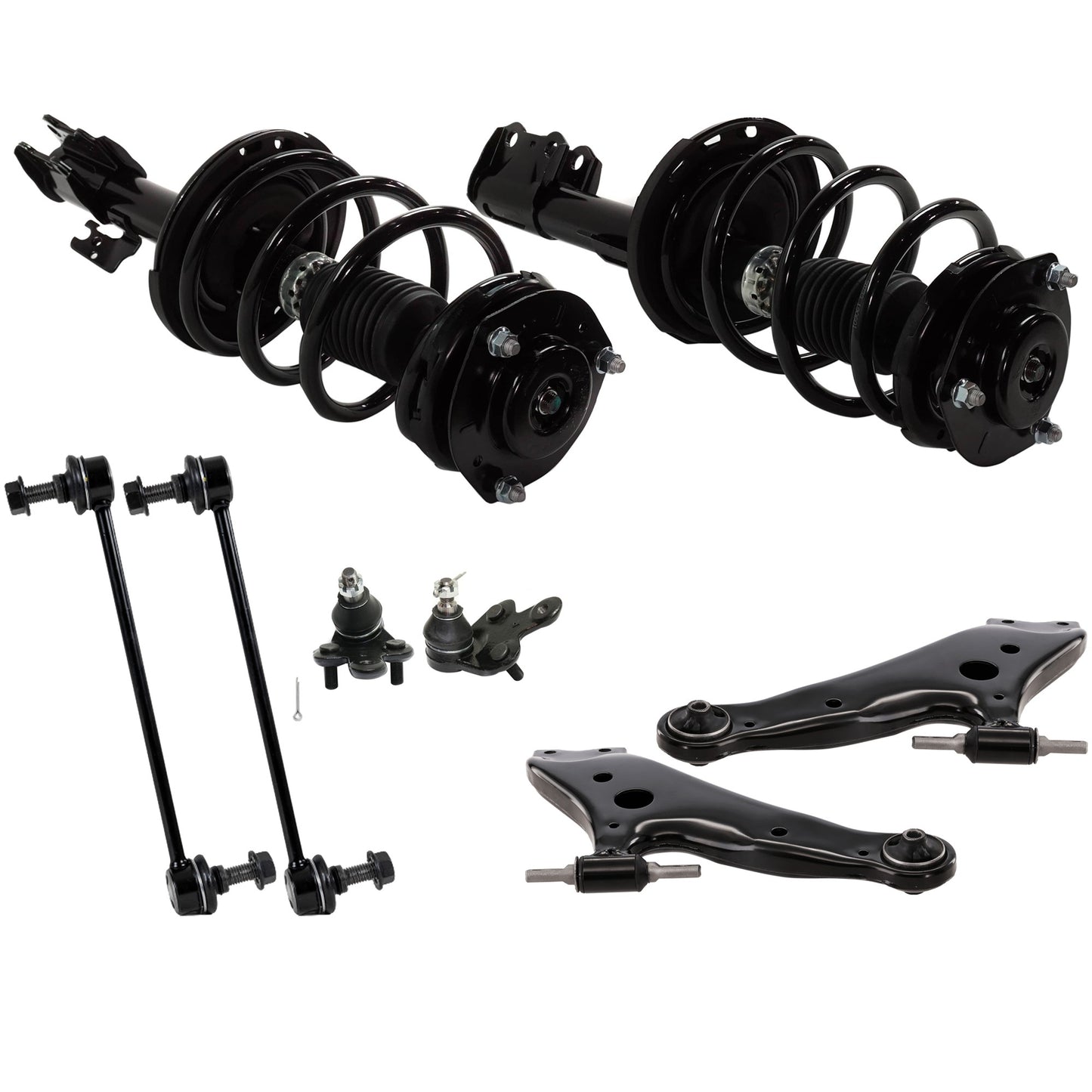 8-Piece Kit Front, Driver and Passenger Side, Lower Fully Loaded Strut, Includes (2) Control Arm, (2) Ball Joint, (2) Sway Bar Link and (2) Shock Absorber and Strut Assembly
