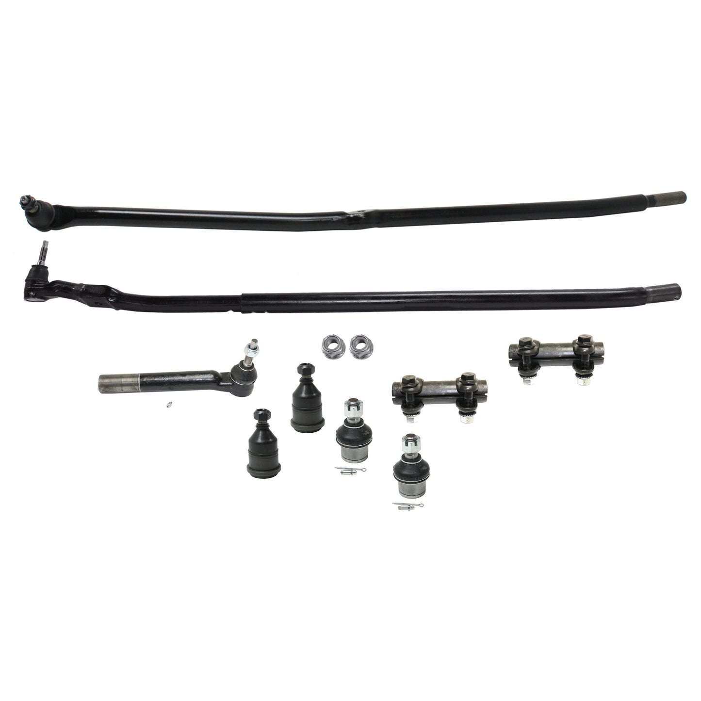 9-Piece Kit Front, Driver and Passenger Side, Inner and Outer, Upper and Lower, Pitman Arm To Connecting Rod Tie Rod End Includes (4) Ball Joint, (2) Tie Rod Adjusting Sleeve, and (3) Tie Rod End
