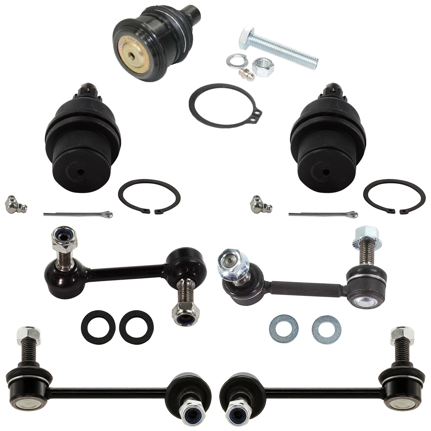 7-Piece Kit Front and Rear, Driver and Passenger Side, Upper and Lower Ball Joint, includes (2) Ball Joint, (2) Sway Bar Link, and (2) Tie Rod End