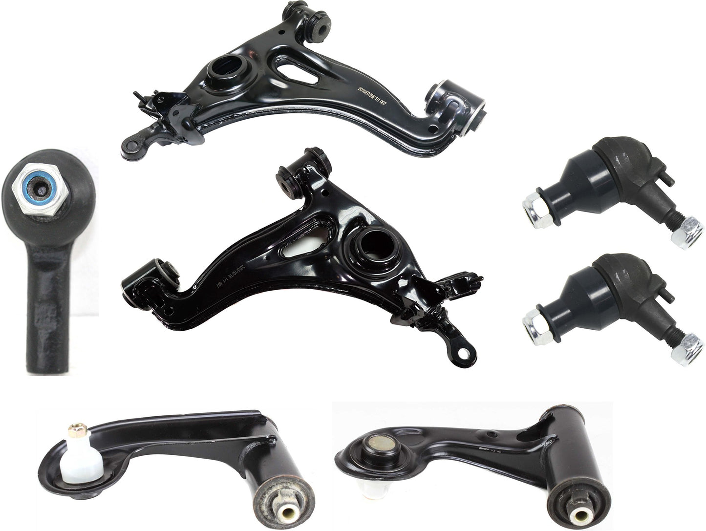 7-Piece Kit Front, Driver and Passenger Side, Outer, Upper and Lower Control Arm, includes (2) Ball Joint, (4) Control Arm, and (1) Tie Rod End