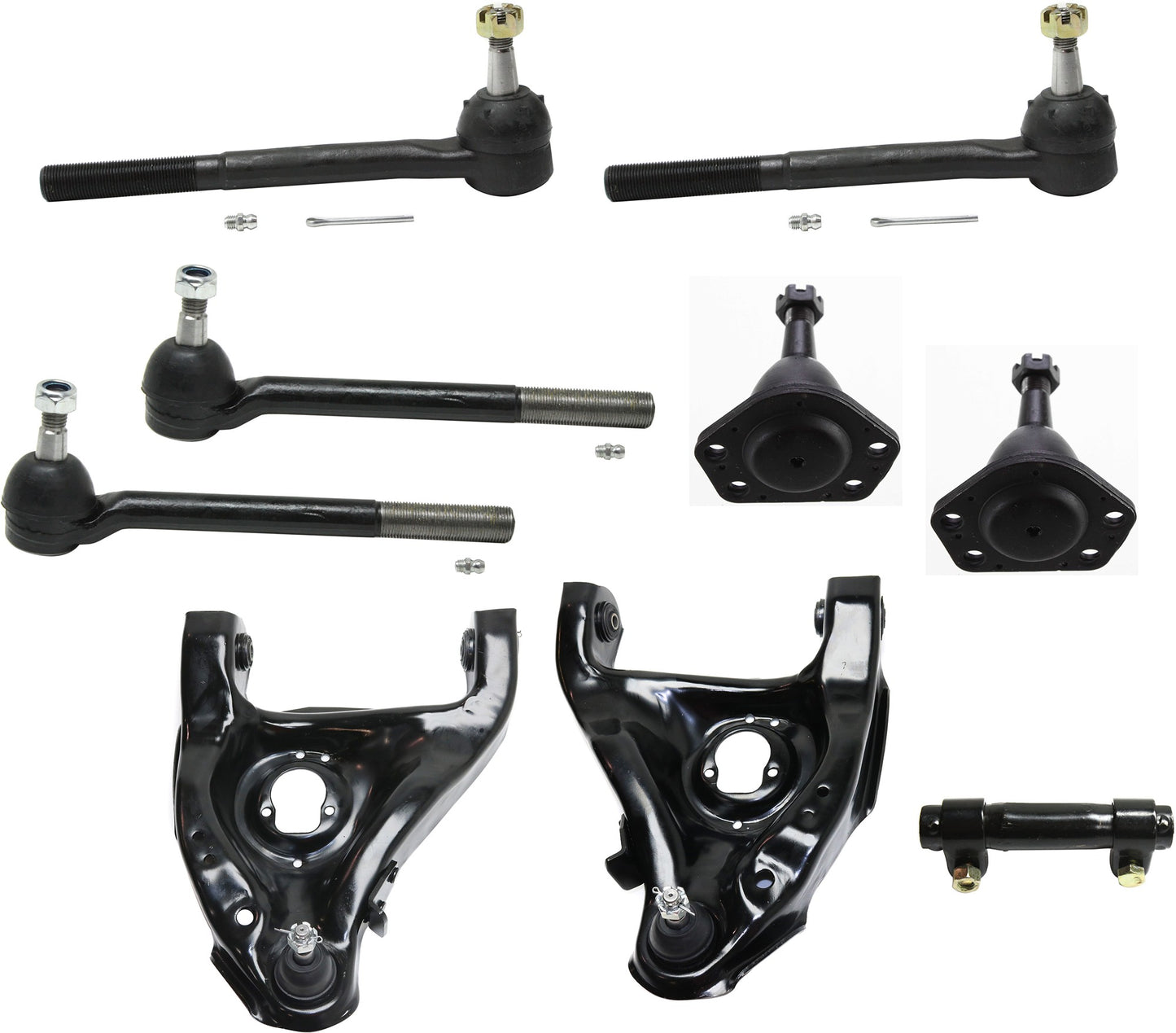 9-Piece Kit Front, Driver and Passenger Side, Inner and Outer, Upper and Lower Control Arm, Includes (2) Control Arm, (2) Ball Joint, (4) Tie Rod End and (1) Tie Rod Adjusting Sleeve