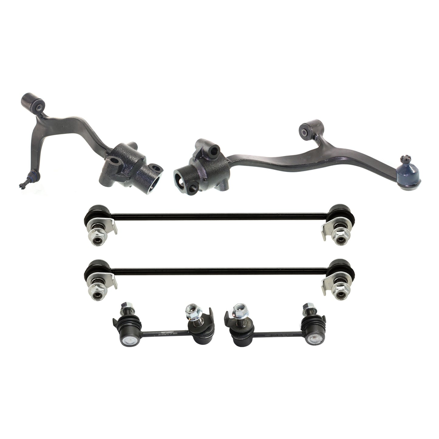 6-Piece Kit Rear, Passenger Side, Driver Side, Front, Lower Control Arm Includes (2) Control Arm and (4) Sway Bar Link