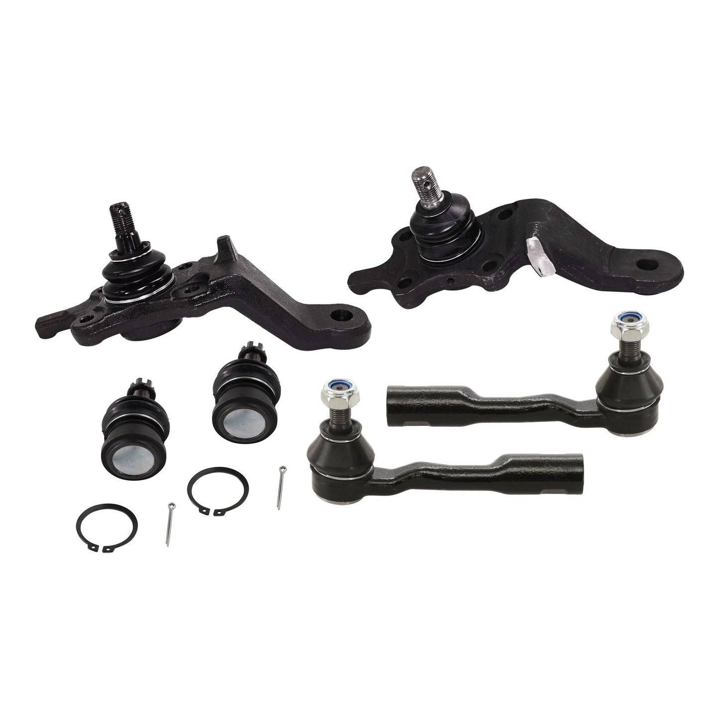 6-Piece Kit Front, Driver and Passenger Side, Inner and Outer, Lower, Front To End Ball Joint, includes (2) Ball Joint, (2) Sway Bar Link, and (2) Tie Rod End