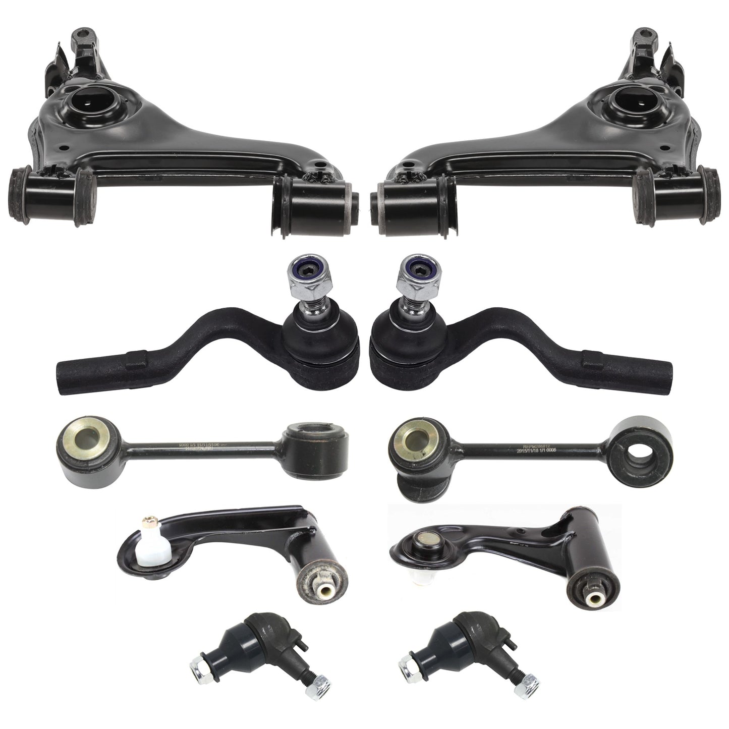 10-Piece Kit Front, Driver and Passenger Side, Upper and Lower, Outer Control Arm, includes (2) Ball Joint, (4) Control Arm, (2) Sway Bar Link, and (2) Tie Rod End