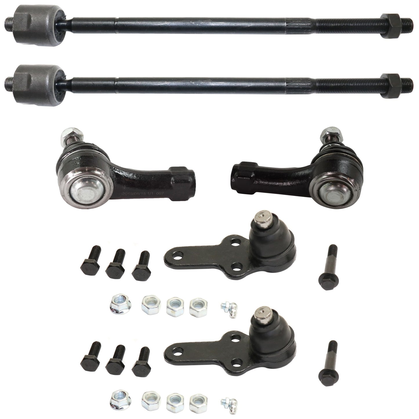 6-Piece Kit Front, Driver and Passenger Side, Inner and Outer, Lower Ball Joint, includes (2) Ball Joint, (2) Sway Bar Link, and (2) Tie Rod End