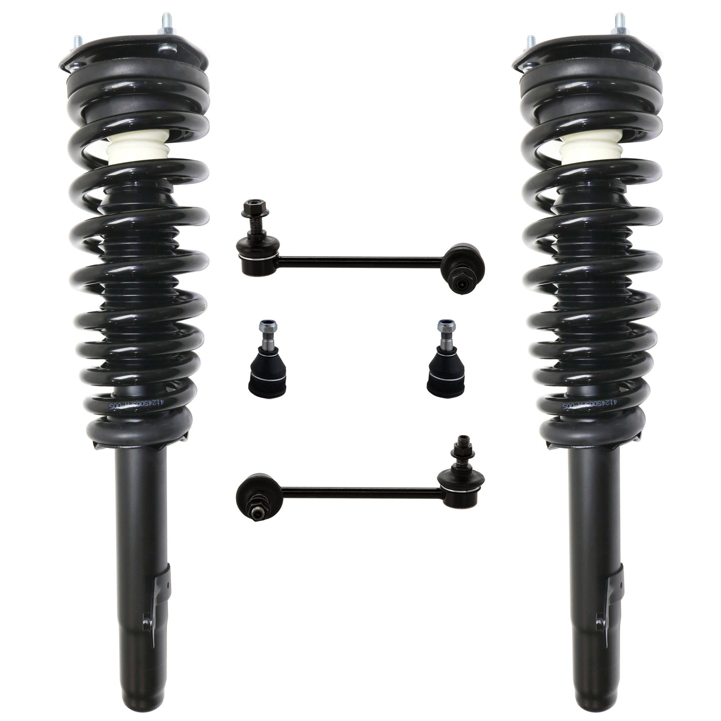 6-Piece Kit Front, Driver and Passenger Side, Upper Fully Loaded Strut, Includes (2) Ball Joint, (2) Sway Bar Link and (2) Shock Absorber and Strut Assembly
