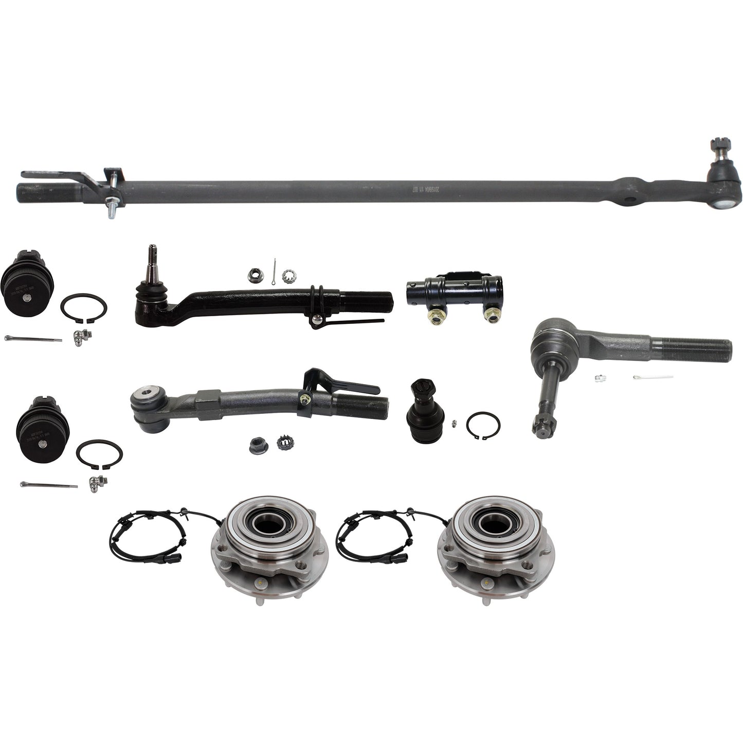 10-Piece Kit Front Suspension Kit, Includes (1) Drag Link, (3) Tie Rod End, (3) Ball Joint, (1) Tie Rod Adjusting Sleeve and (2) Wheel Hub