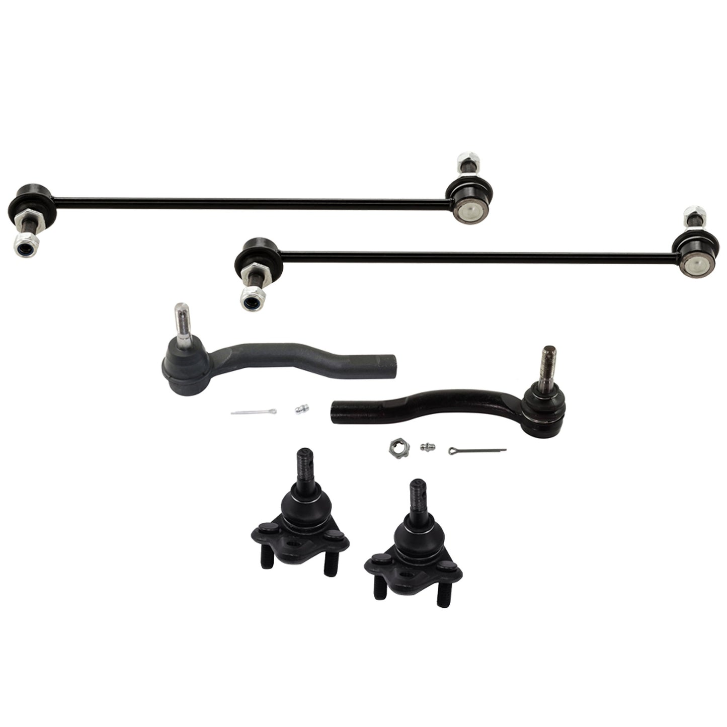 6-Piece Kit Front, Driver and Passenger Side, Outer, Lower Ball Joint, includes (2) Ball Joint, (2) Sway Bar Link, and (2) Tie Rod End
