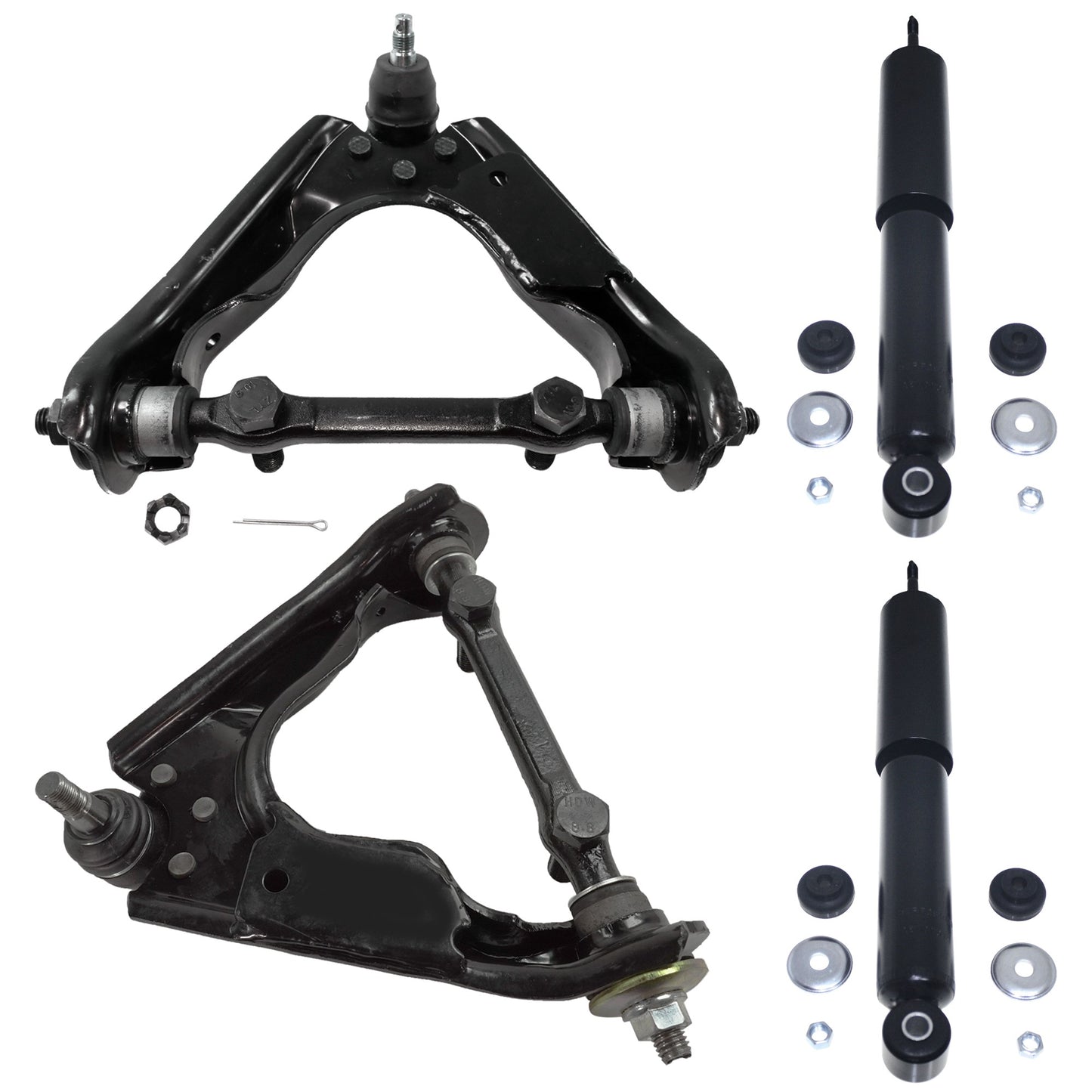 4-Piece Kit Front, Driver and Passenger Side, Upper Control Arm, Includes (2) Control Arm and (2) Shock Absorber and Strut Assembly