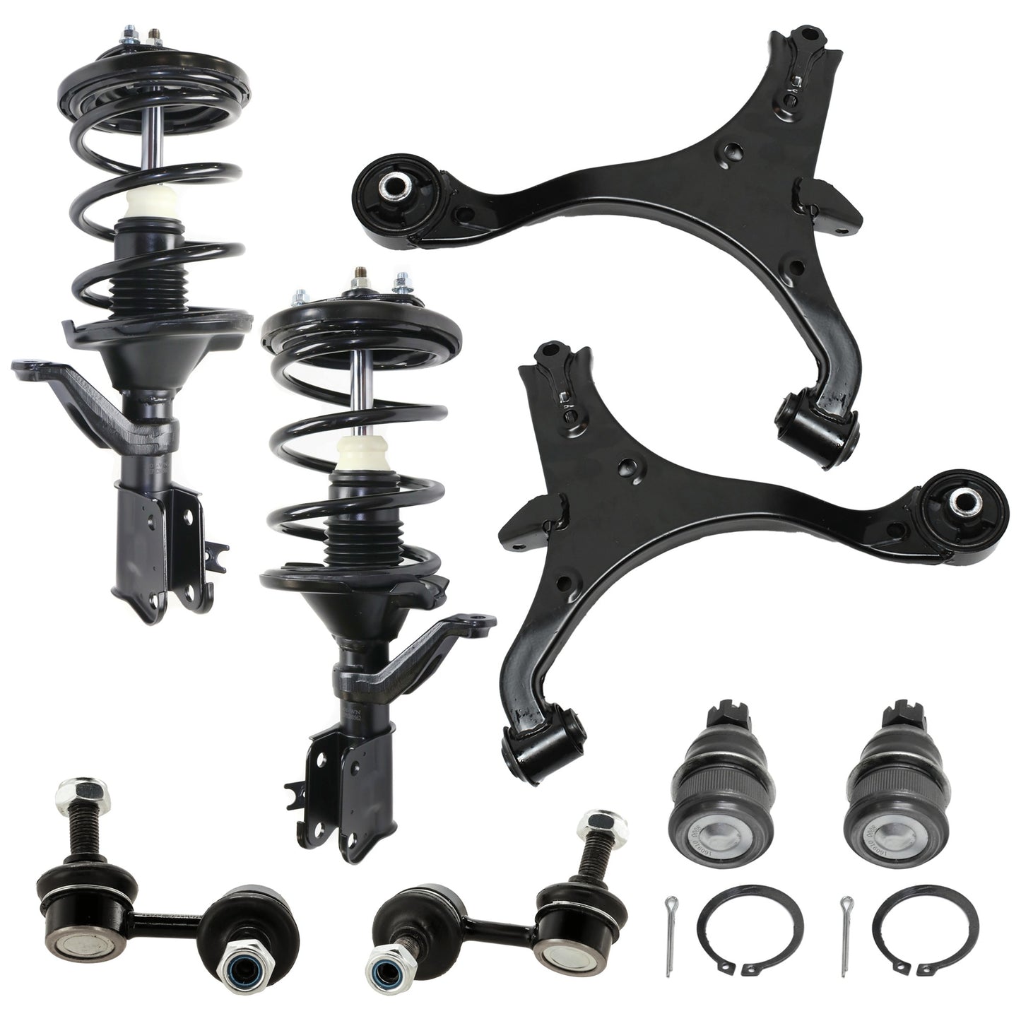 8-Piece Kit Front, Driver and Passenger Side, Lower Fully Loaded Strut, Includes (2) Control Arm, (2) Ball Joint, (2) Sway Bar Link and (2) Shock Absorber and Strut Assembly