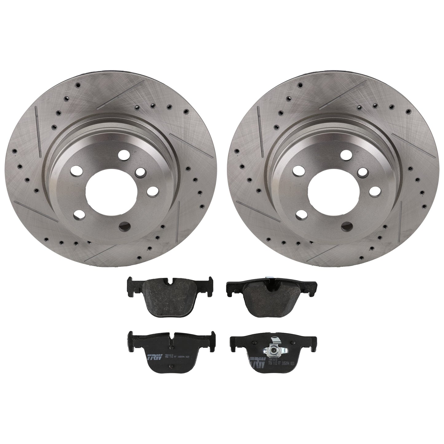 KIT-070624-264 2-Wheel Set Rear Brake Disc and Pad Kit, Cross-drilled and Slotted 5 Lugs 330 mm Semi-metallic, Includes (1) Brake Pad Set and (2) Brake Disc
