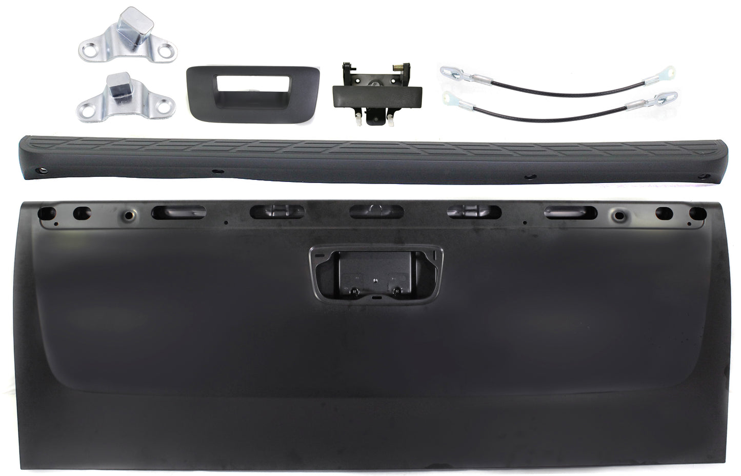 7-Piece Kit Primed Tailgate, Includes (2) Tailgate Handle, (1) Tailgate, (1) Tailgate Molding, (2) Tailgate Cable and (1) Tailgate Hinge