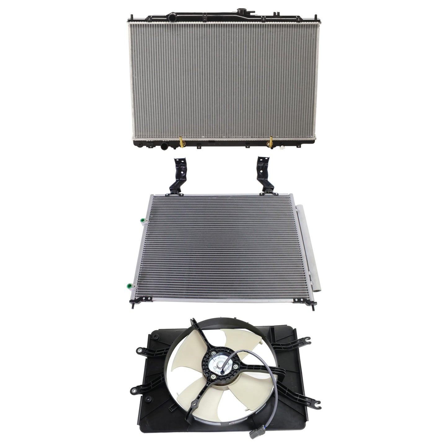 3-Piece Kit A/C Condenser, 3.5L, 6Cyl, Includes (1) A/C Condenser, (1) Cooling Fan Assembly and (1) Radiator