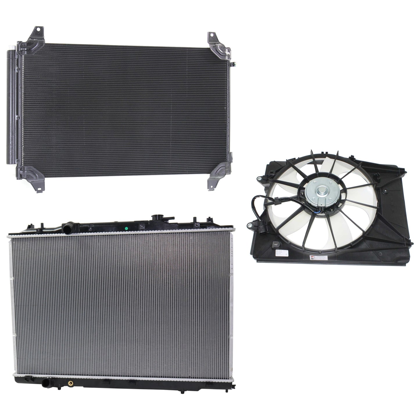 3-Piece Kit A/C Condenser, 3.5L, 6Cyl, Includes (1) A/C Condenser, (1) Cooling Fan Assembly and (1) Radiator