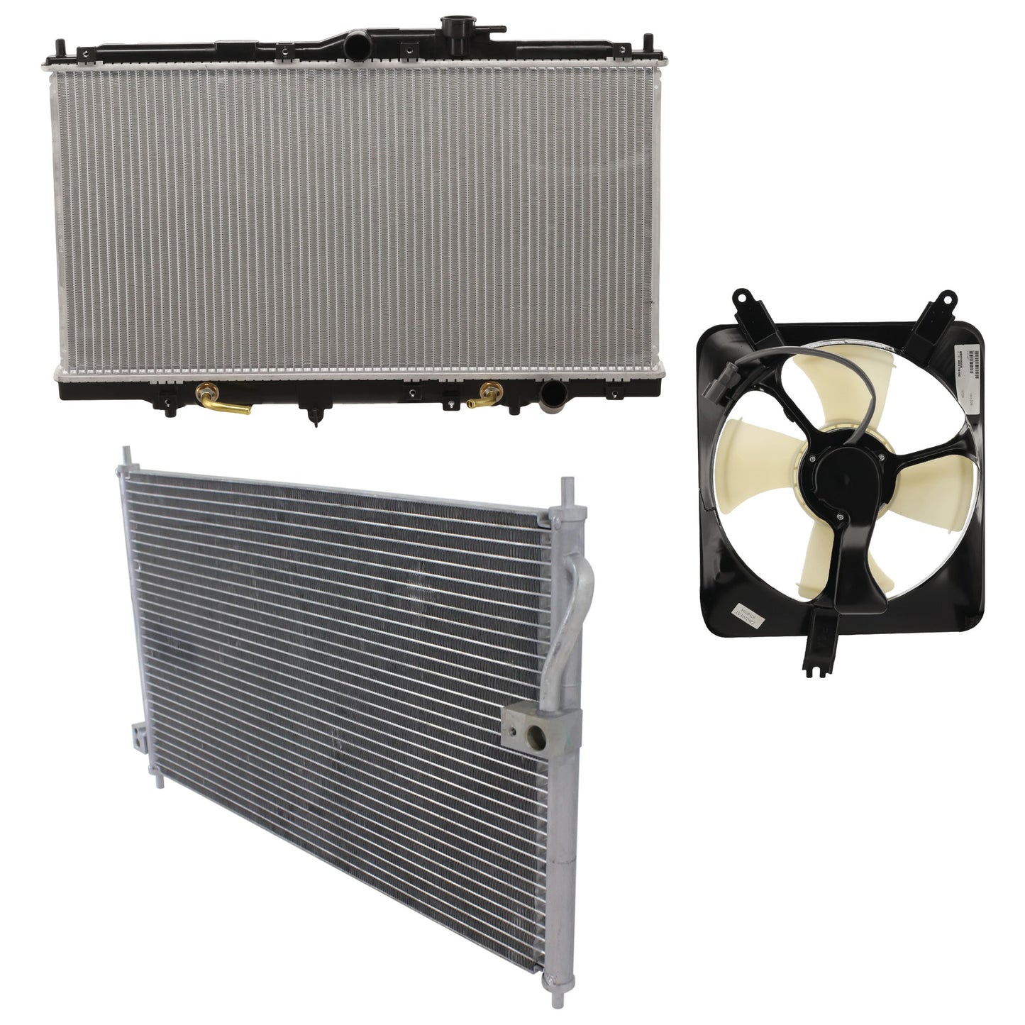 3-Piece Kit A/C Condenser, Includes (1) A/C Condenser, (1) Cooling Fan Assembly and (1) Radiator