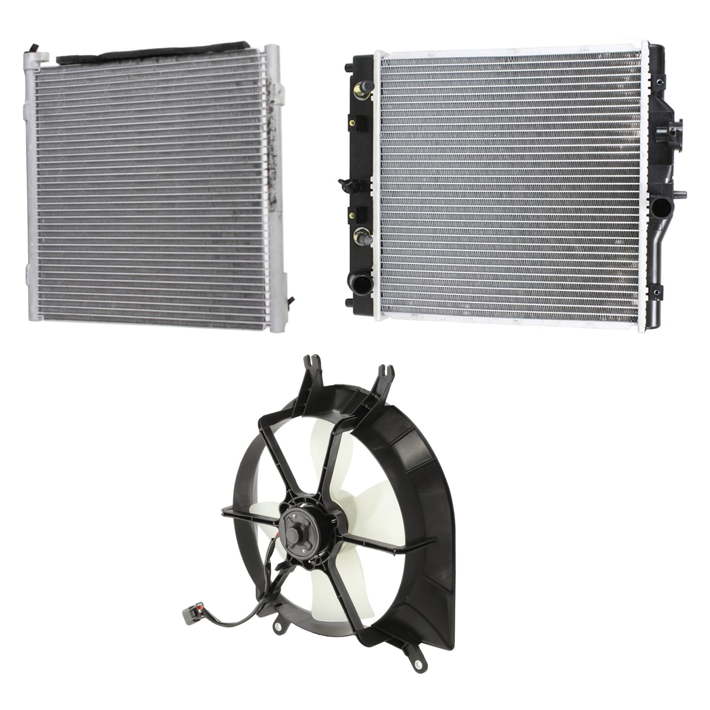 3-Piece Kit A/C Condenser, 1.6L, 4Cyl, Includes (1) A/C Condenser, (1) Cooling Fan Assembly and (1) Radiator
