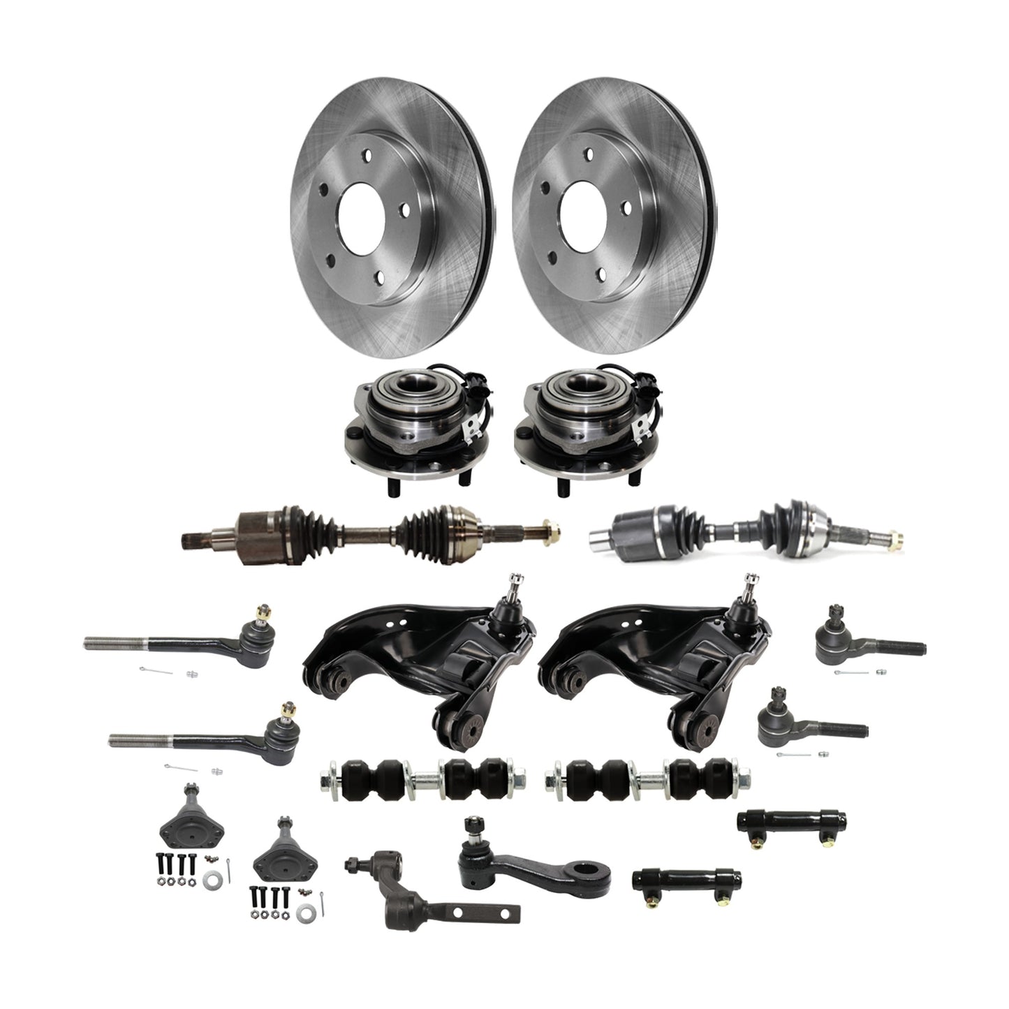 21-Piece Front Suspension Kit Includes (2) Control Arm, (2) Disc, (1) Pad Set, (1) Idler, (1) Pitman, (2) Ball Joint, (4) Tie Rod End, (2) Sway Bar, (2) Adjusting Sleeve, (2) Hub and (2) Axle Assembly