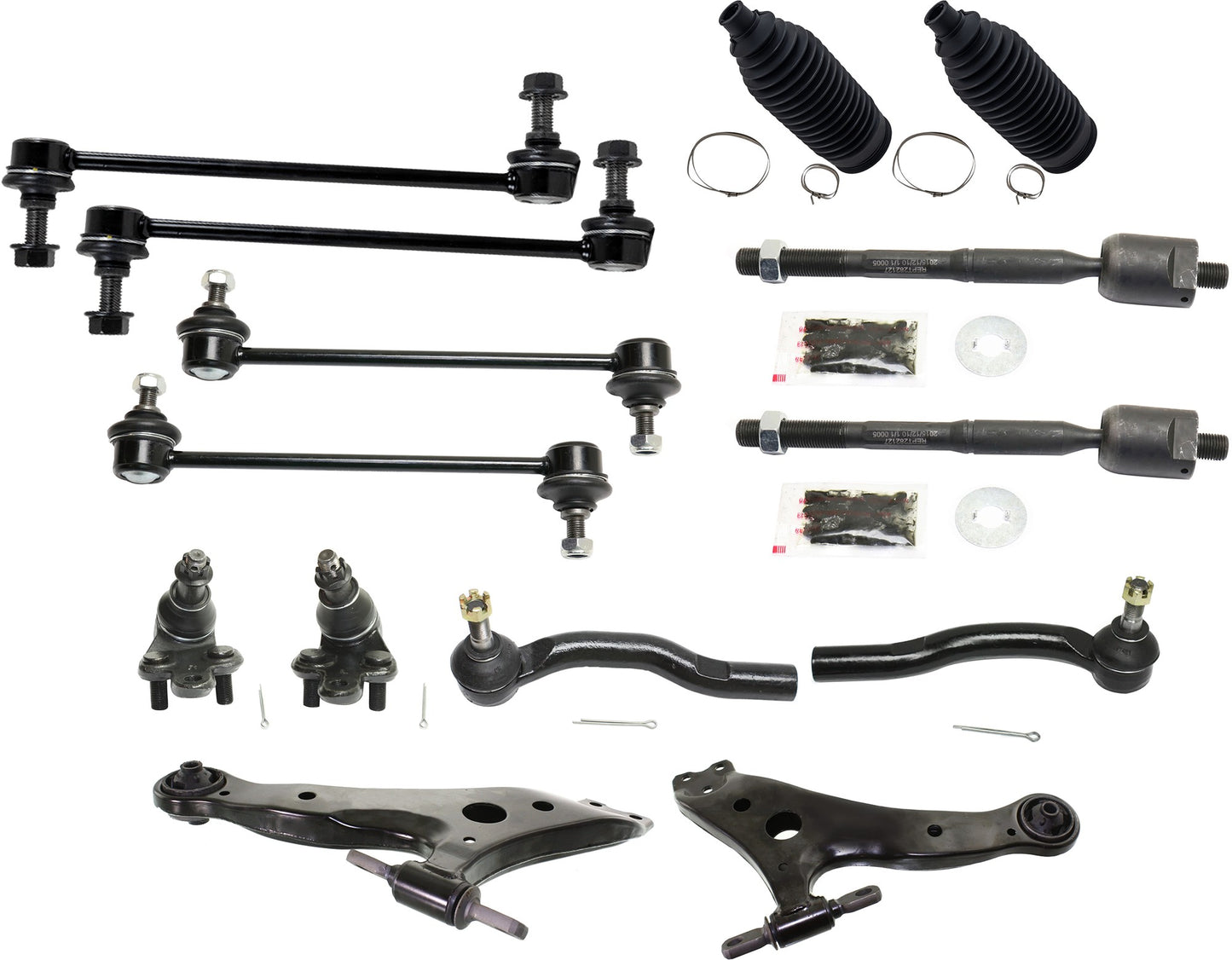 14-Piece Kit Front, Driver and Passenger Side, Lower Control Arm, Includes (2) Control Arm, (2) Ball Joint, (4) Tie Rod End, (2) Steering Rack Boot and (4) Sway Bar Link