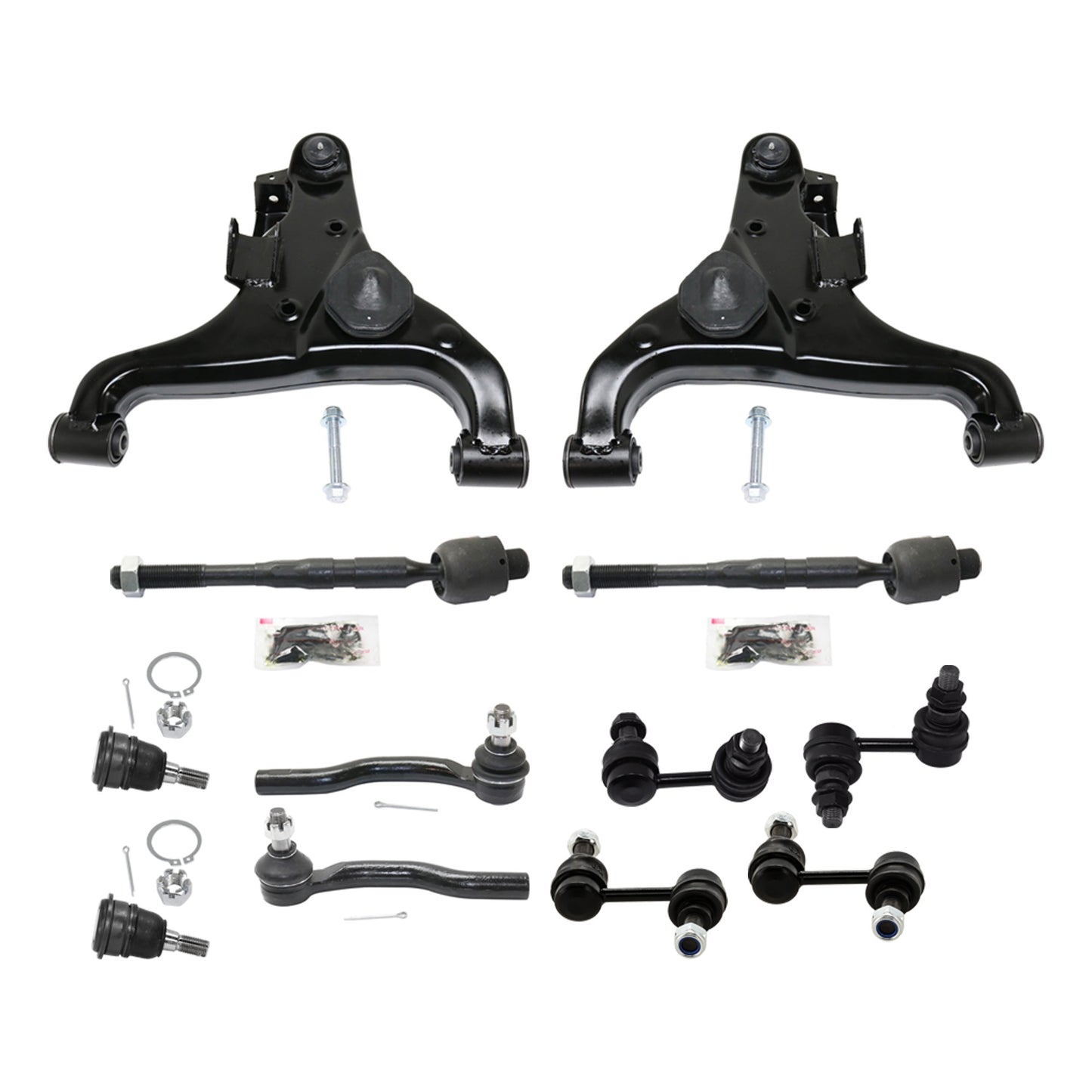 12-Piece Kit Front, Driver and Passenger Side, Lower Control Arm, includes (4)Sway Bar Link, (4)Tie Rod End, (2)Ball Joint and (2)Control Arm